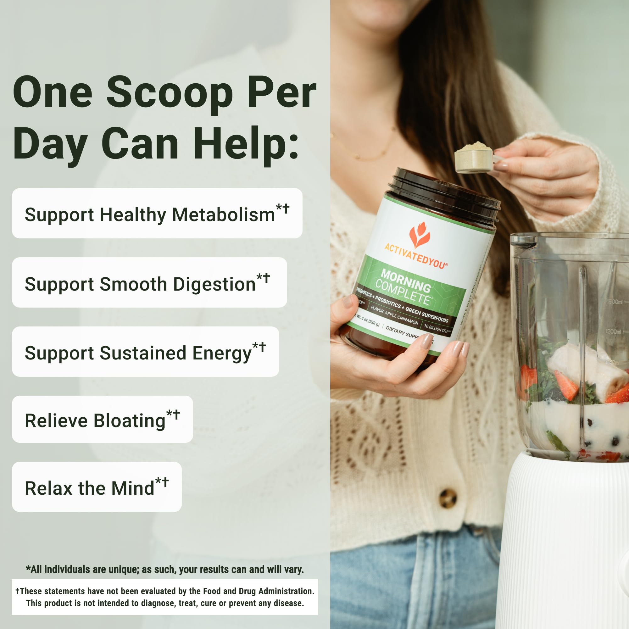 Pour Morning Complete into a glass to enjoy a smooth green drink