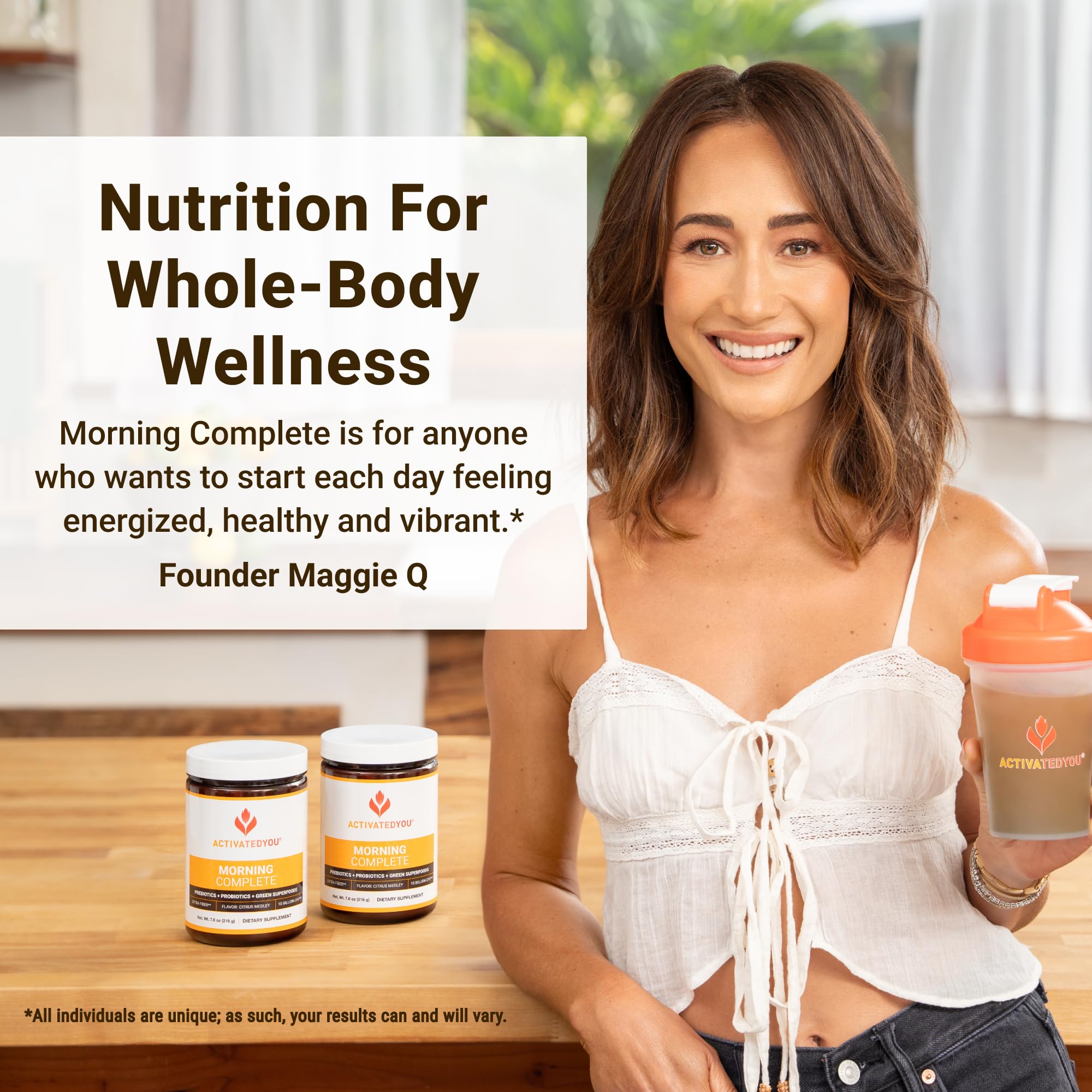 ActivatedYou Morning Complete probiotic bottle with 10B CFUs visible on label.