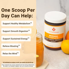 ActivatedYou Morning Complete scoop beside a mug for easy morning routine.