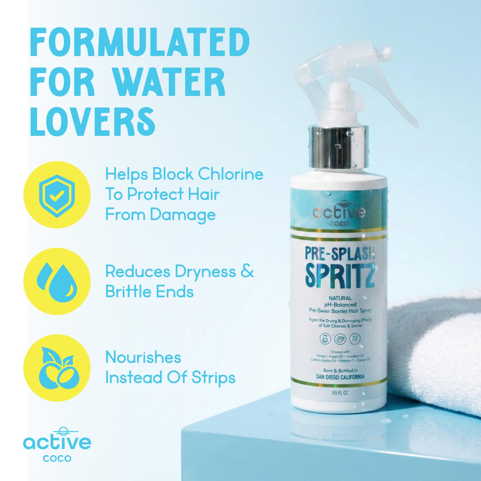 Active COCO Pre-Swim Spray closeup showing fine mist for quick application