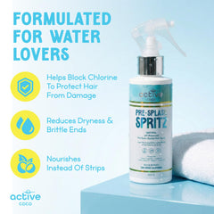 Active COCO Pre-Swim Spray closeup showing fine mist for quick application
