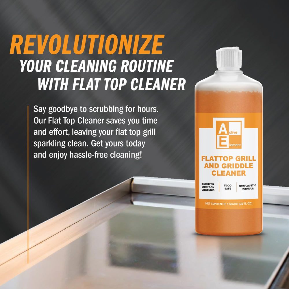 Active Element Griddle Cleaner action shot shows fast thorough grease removal on a heated surface