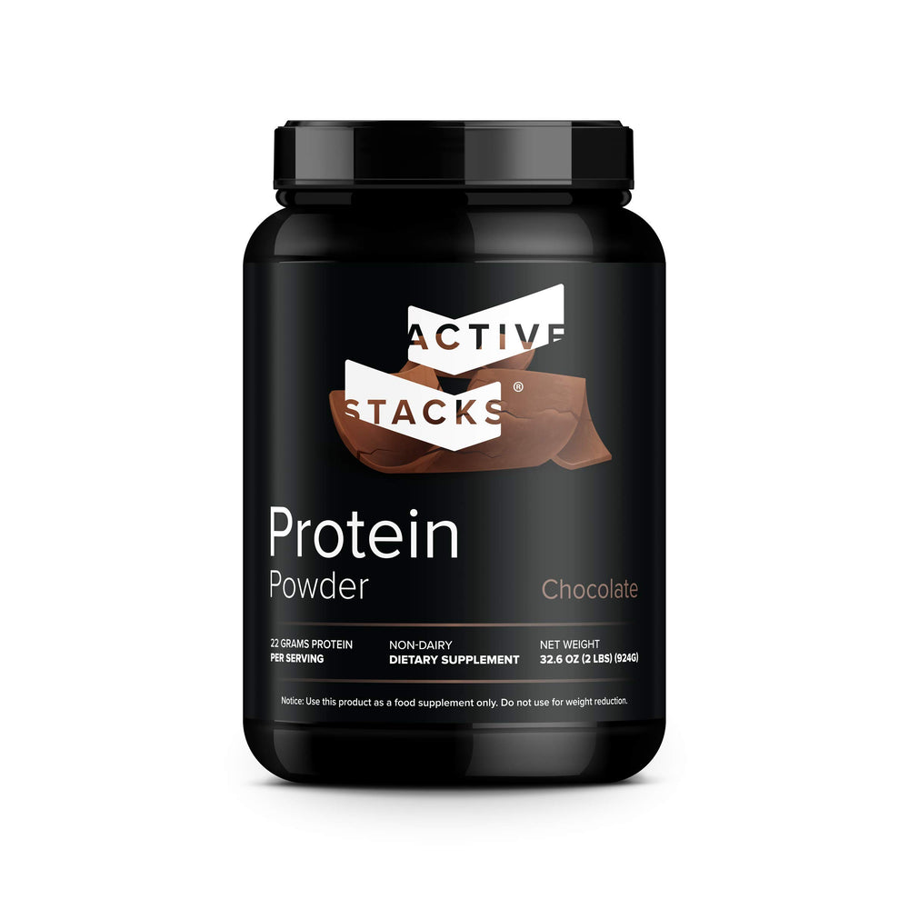 Active Stacks beef protein powder chocolate tub closeup, rich flavor and clean formula.