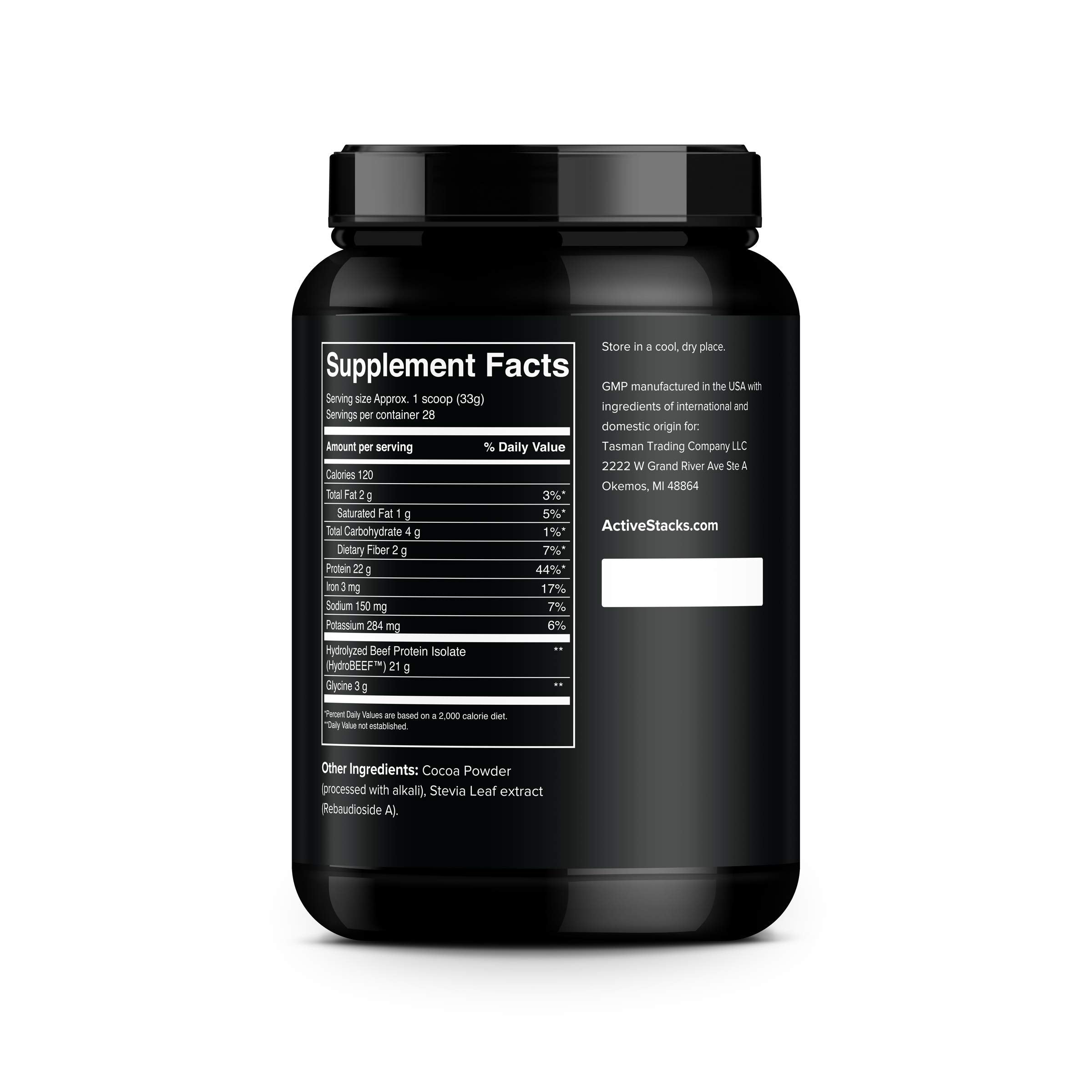 Active Stacks beef protein powder ingredients bottle, dairy-free bone broth base with collagen for joints.