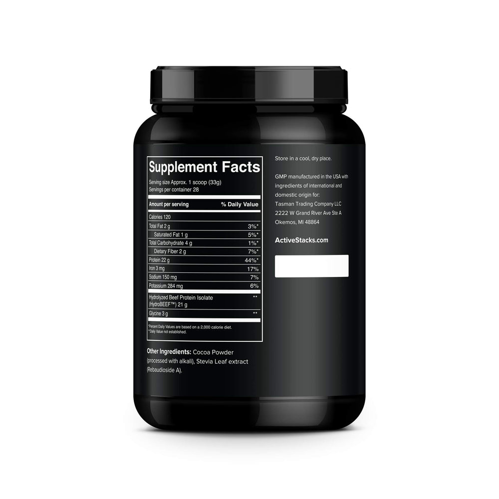 Active Stacks beef protein powder ingredients bottle, dairy-free bone broth base with collagen for joints.