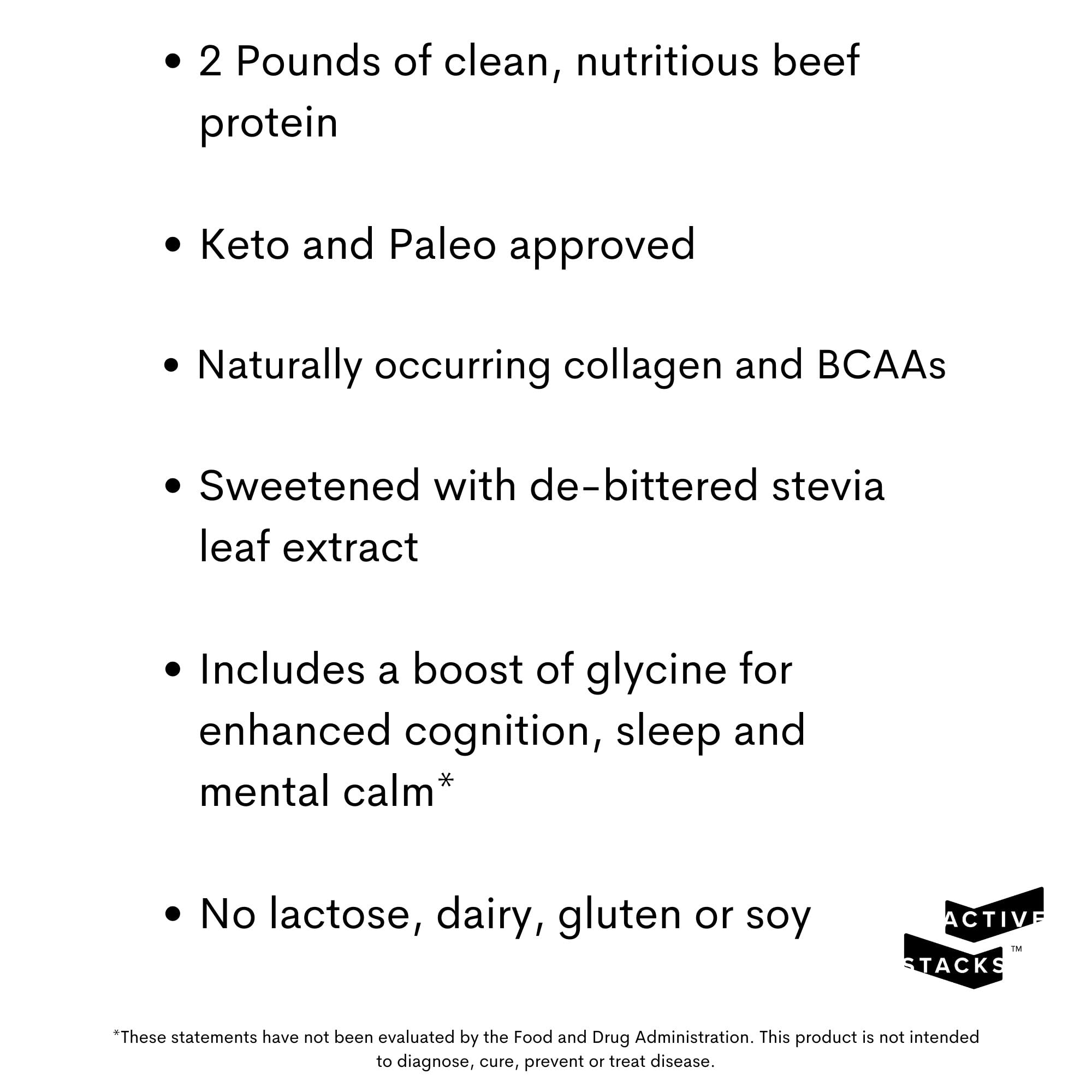 Active Stacks beef protein powder nutrition label, third-party tested and keto-friendly.