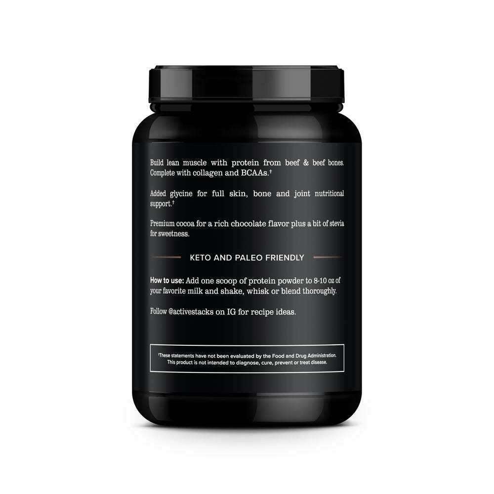 Active Stacks beef protein powder shake in a glass, creamy chocolate flavor.