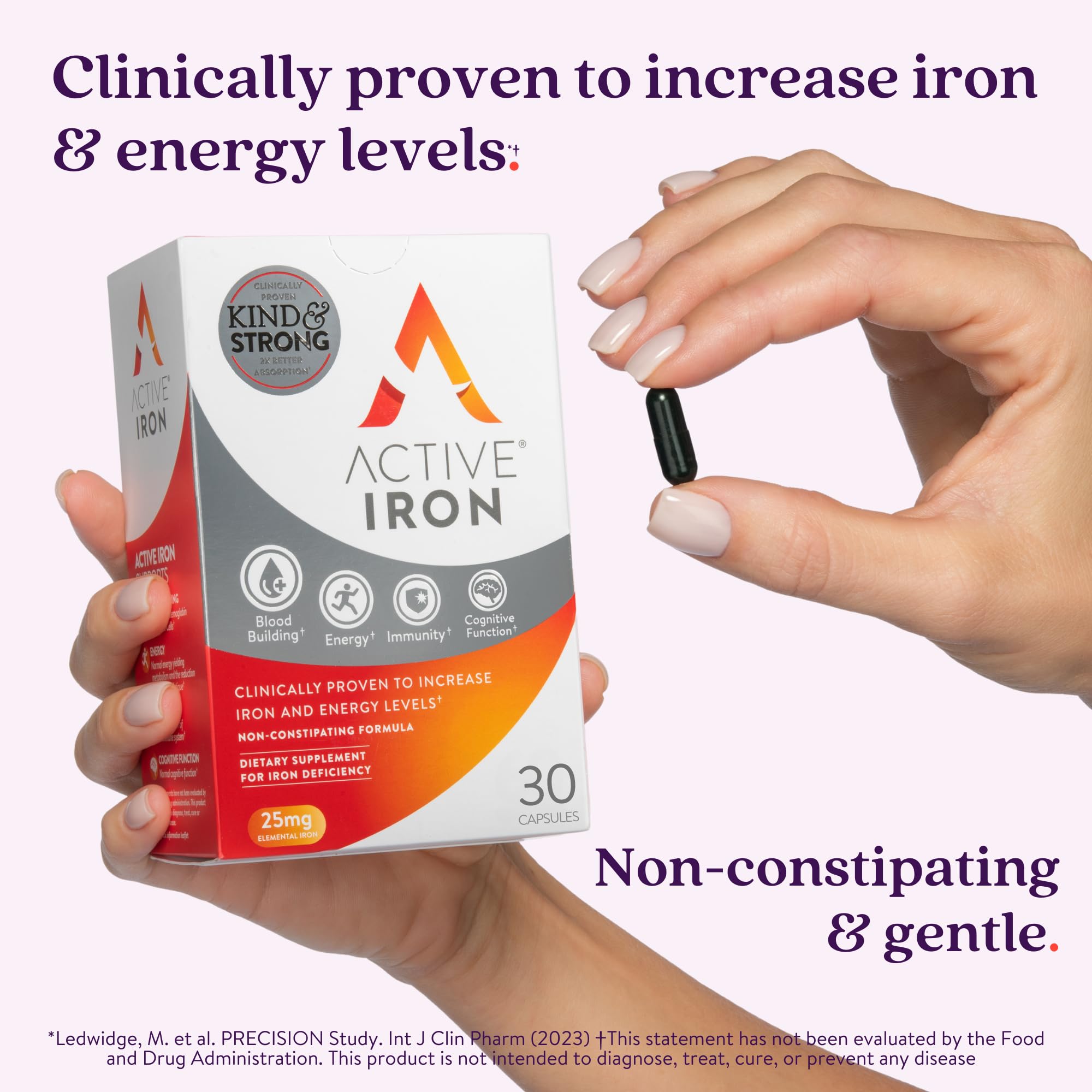 Active Iron bottle front view showcasing convenient daily capsules.
