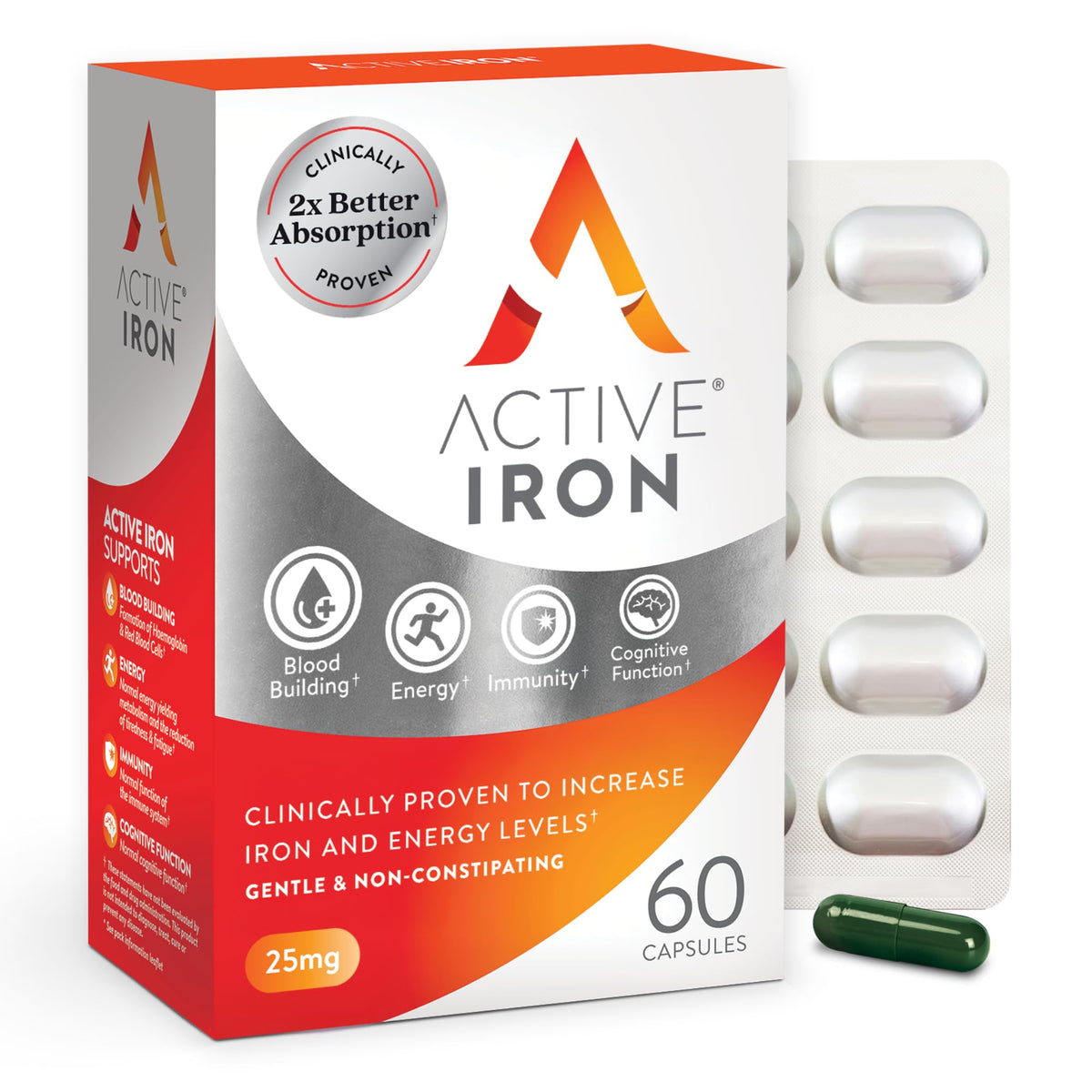ACTIVEIRON bottle front with 60 capsules for daily iron support.