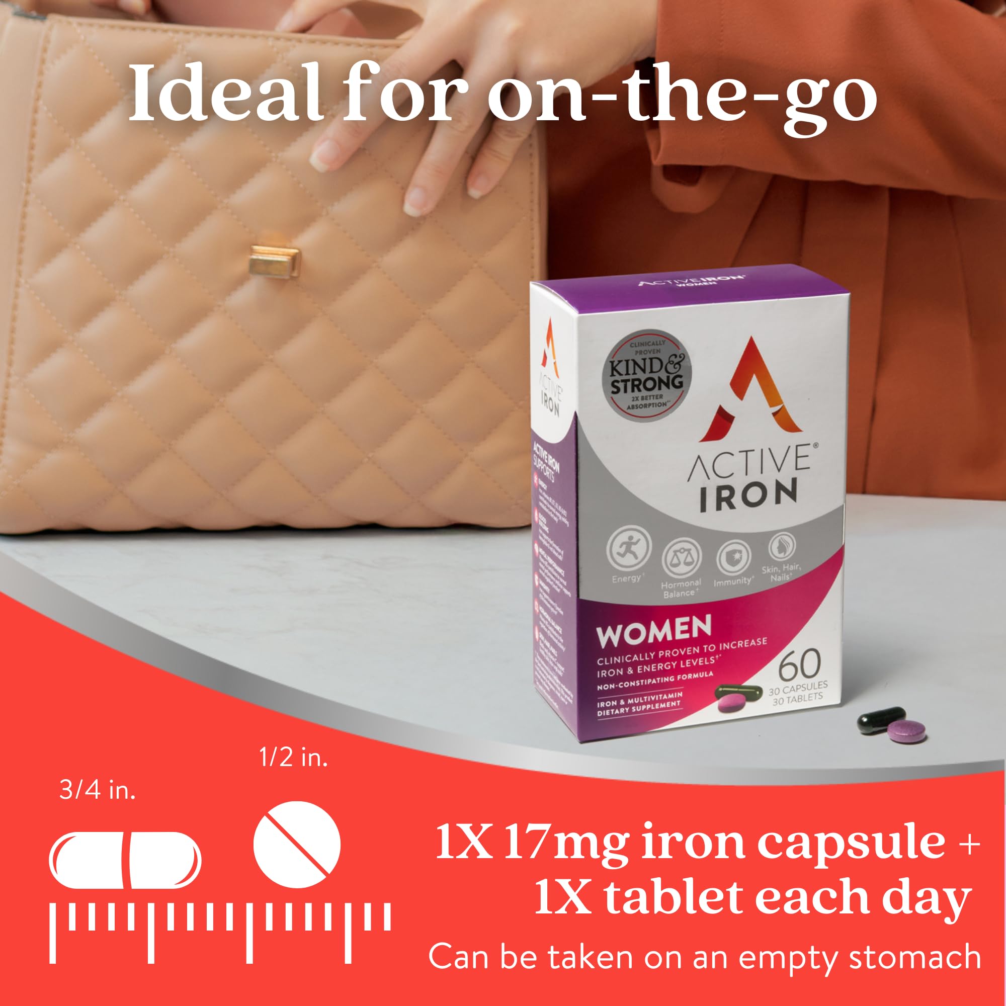 Active Iron capsules inside foil pack for travel-friendly use.
