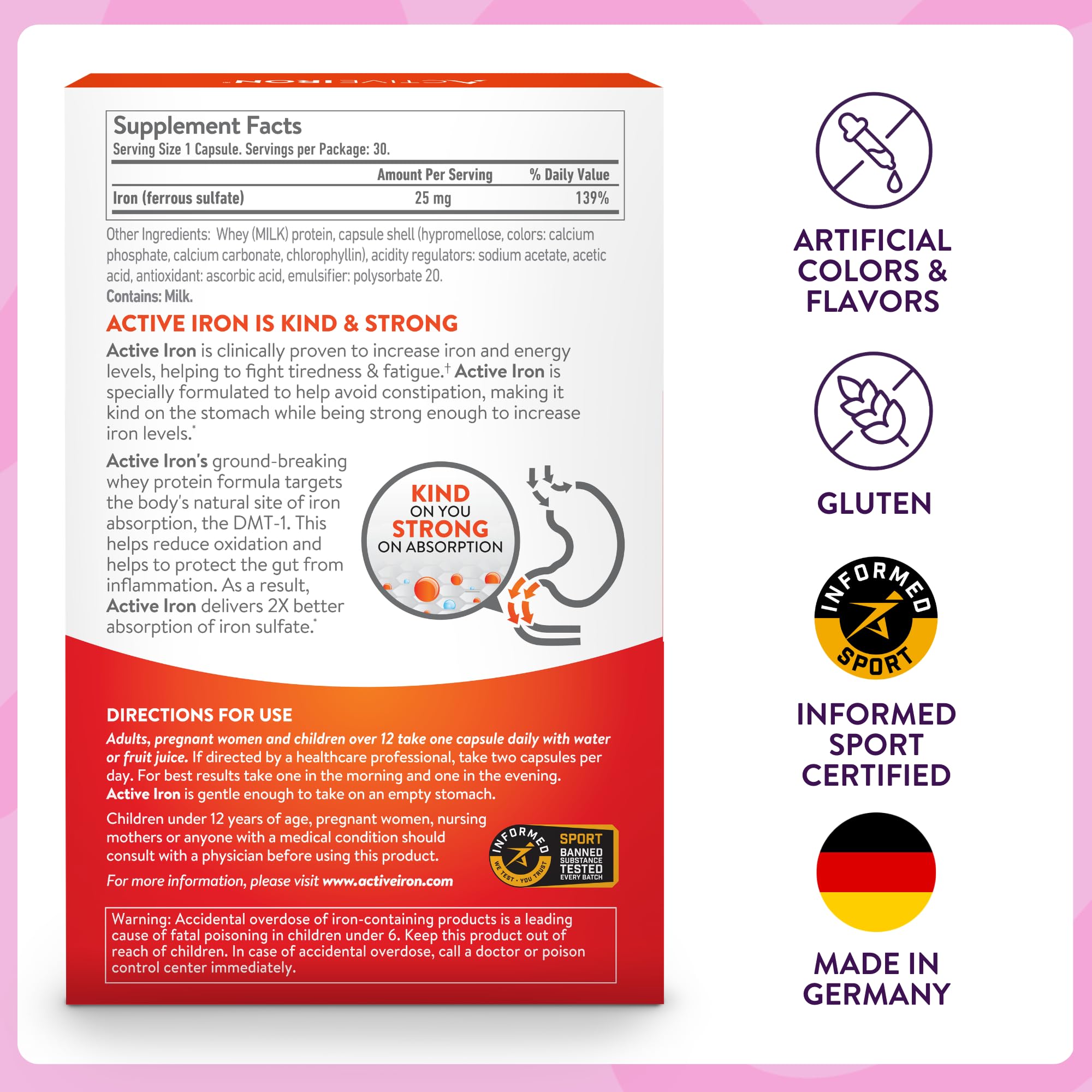 Active Iron clean formula label without artificial colors or gluten.