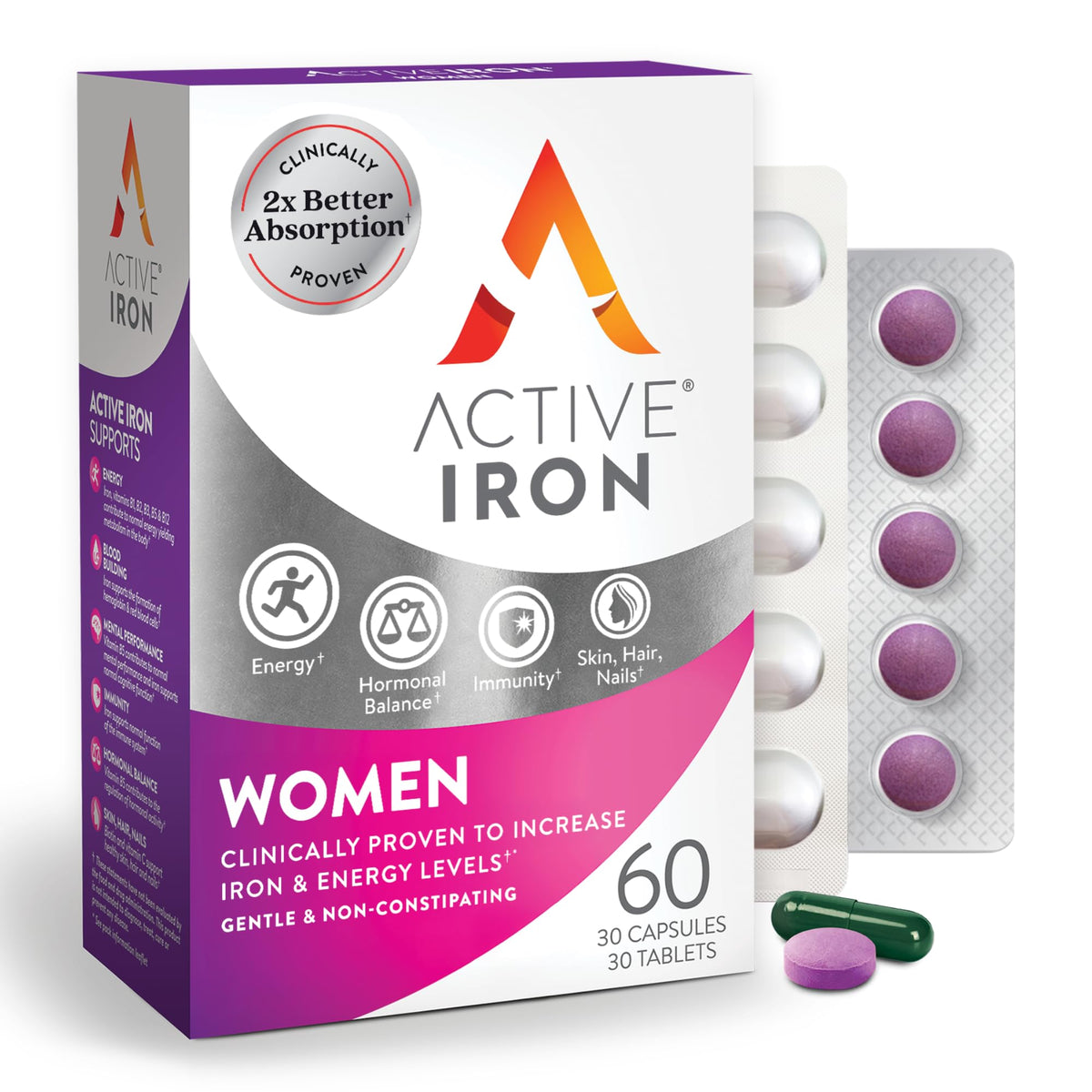 Active Iron iron capsules close-up showing gentle daily support.
