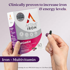 Active Iron women's multivitamin tablets close-up for daily balance and energy.