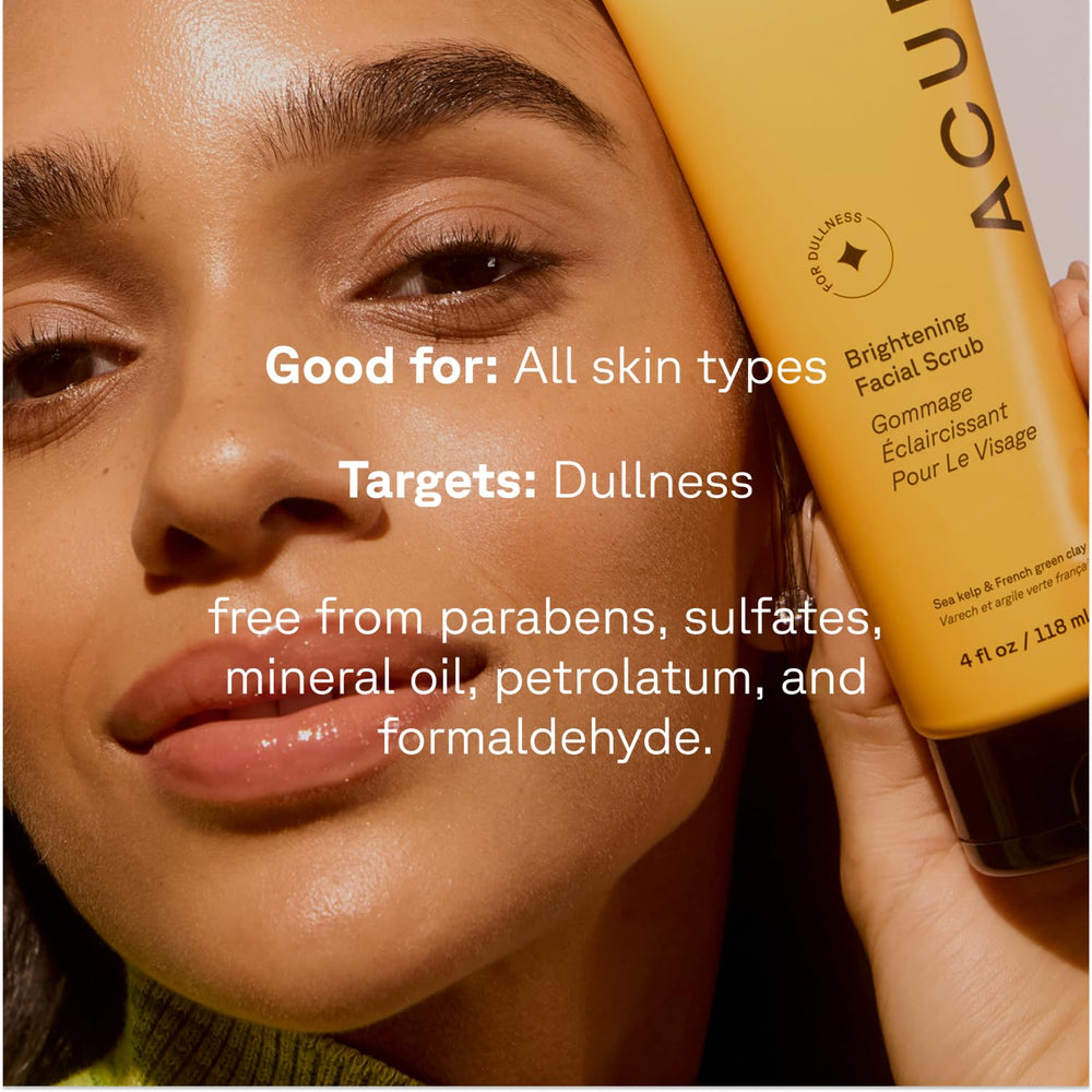 Acure Brightening Facial Scrub jar label showcases vegan, cruelty-free formulation.
