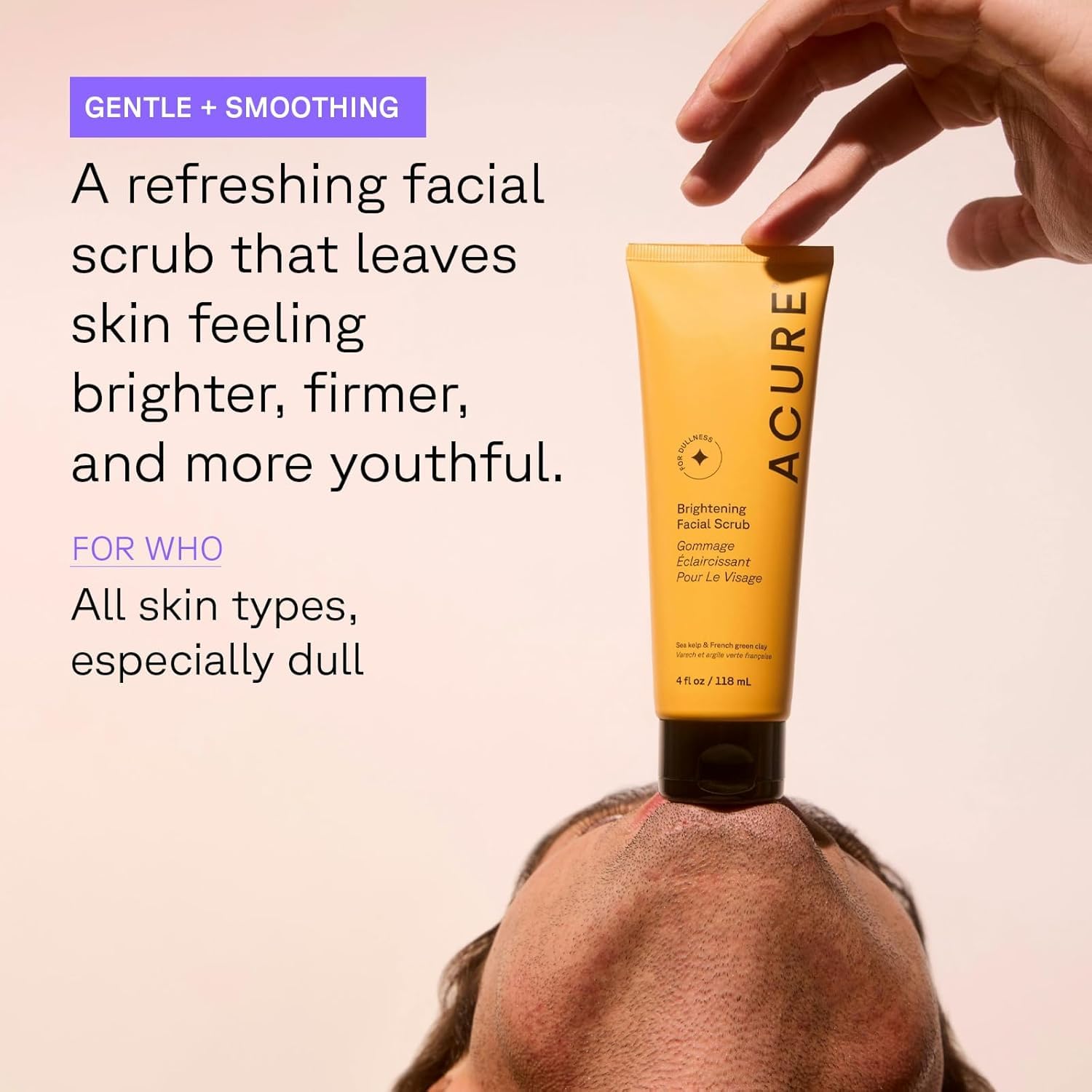 Acure Brightening Scrub packaging highlights vegan formula
