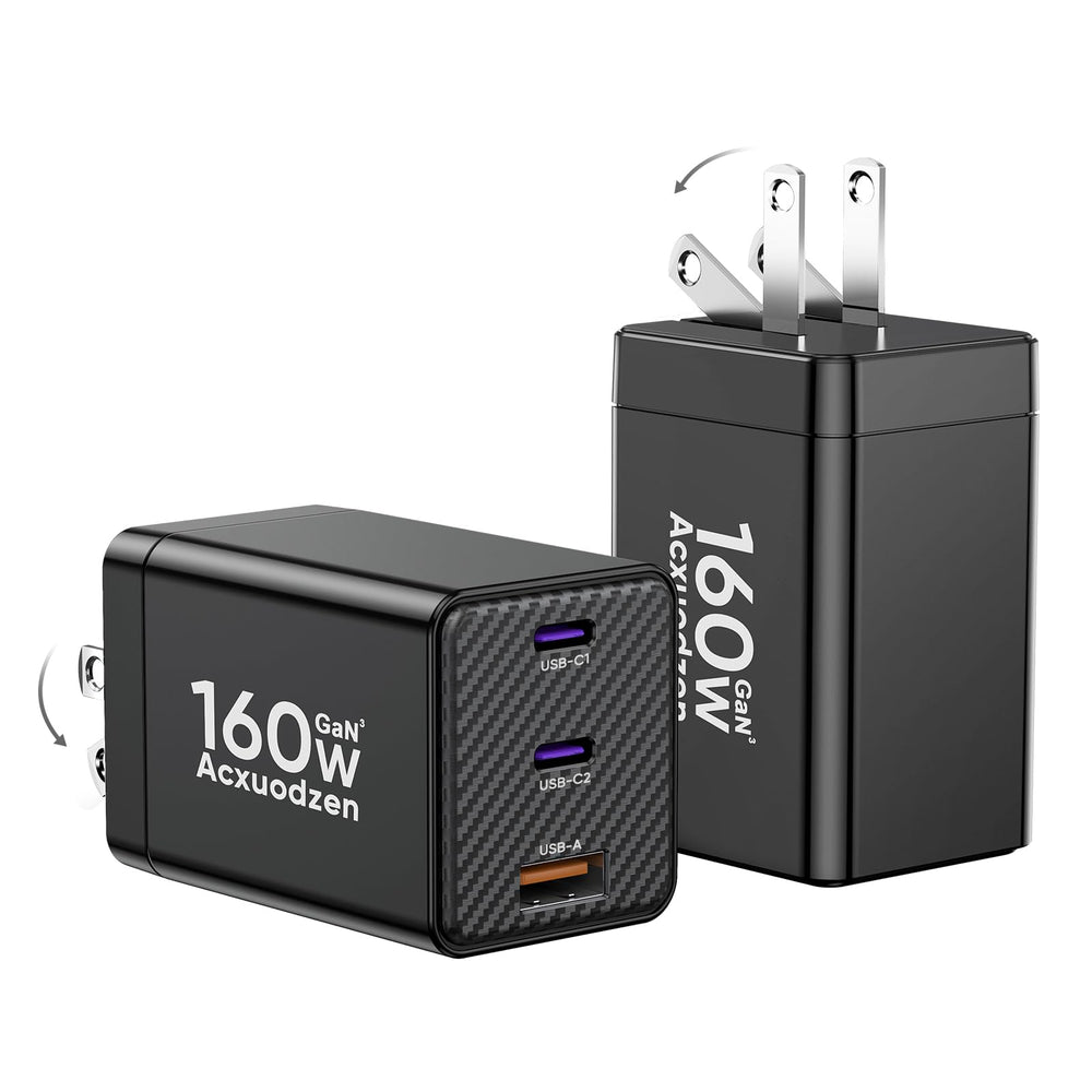 Acxuodzen USB-C charger block with three ports charges laptops and phones quickly on the go.