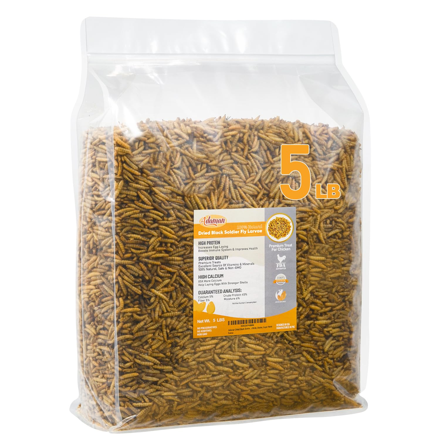 Adaman dried BSF larvae 5 lb bulk bag with resealable zipper for easy storage.