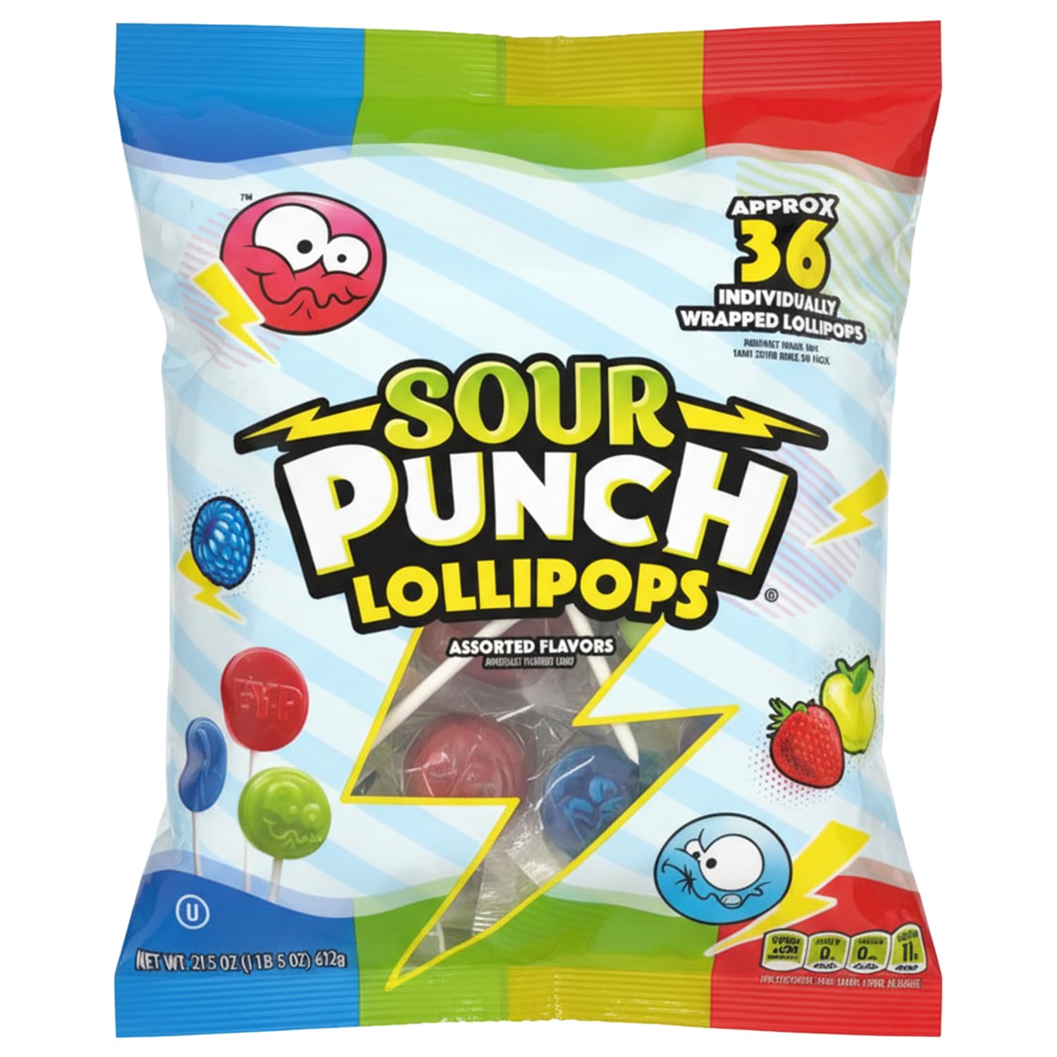 Adams & Brooks Sour Punch Lollipops strawberry flavor, individually wrapped for easy sharing.