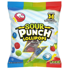 Adams & Brooks Sour Punch Lollipops strawberry flavor, individually wrapped for easy sharing.