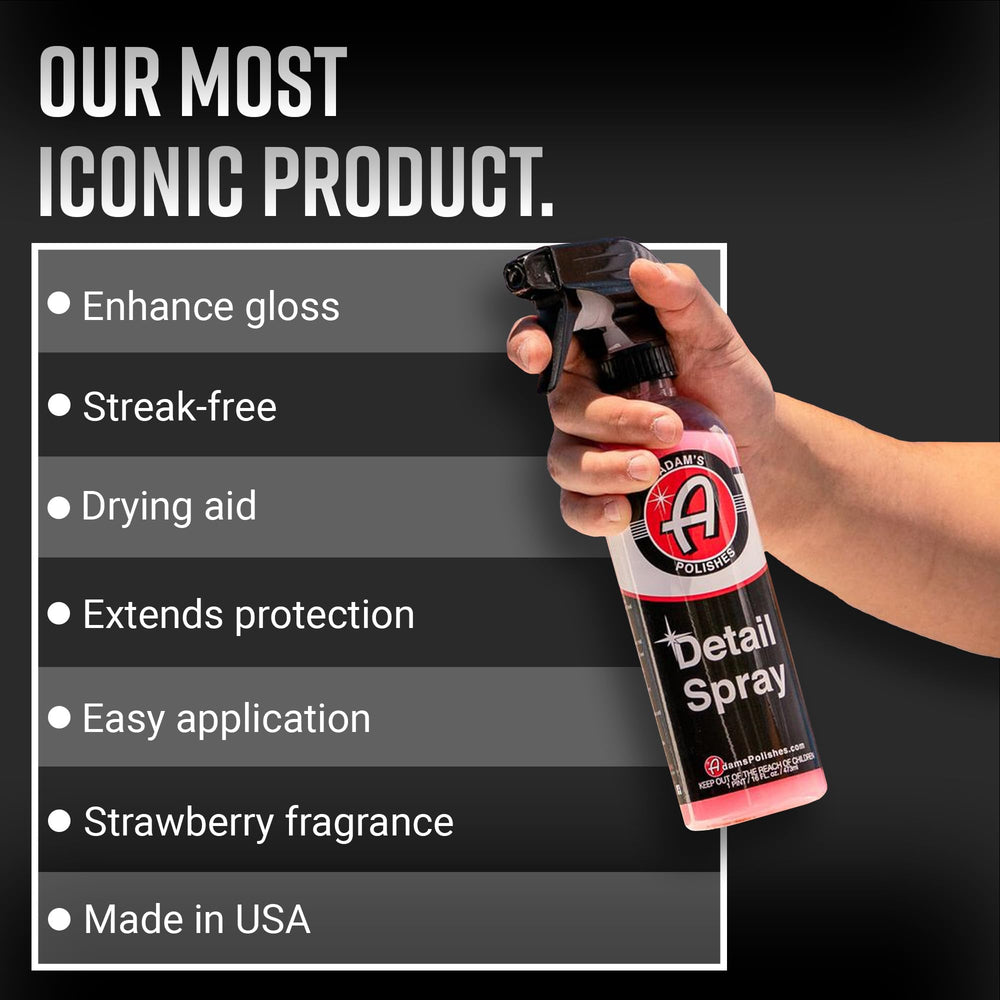 Adam's Detail Spray 2-Pack mist on car for fast, streak-free shine.