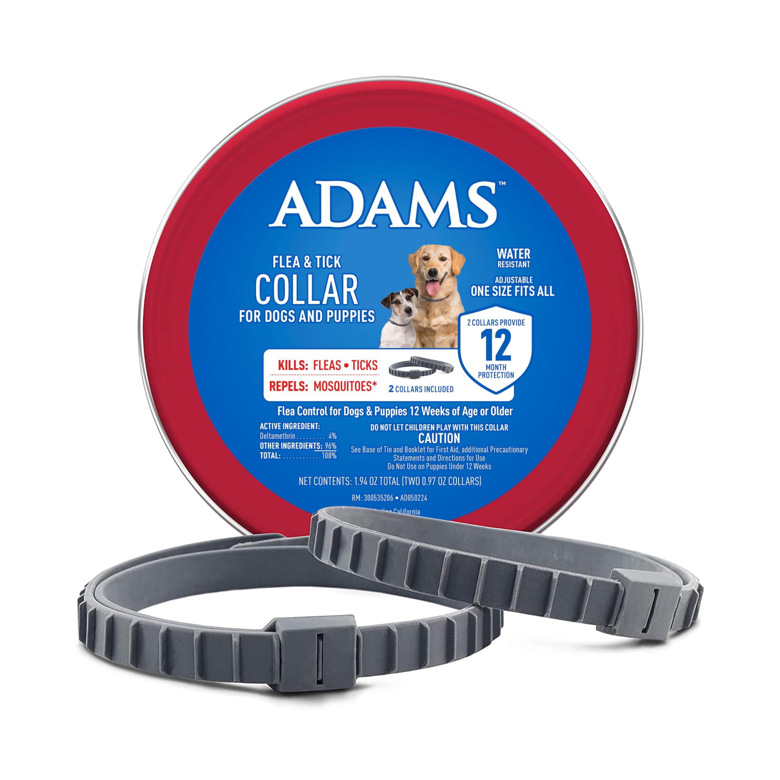 ADAMS flea and tick collar worn by a dog, two-pack protects all year.