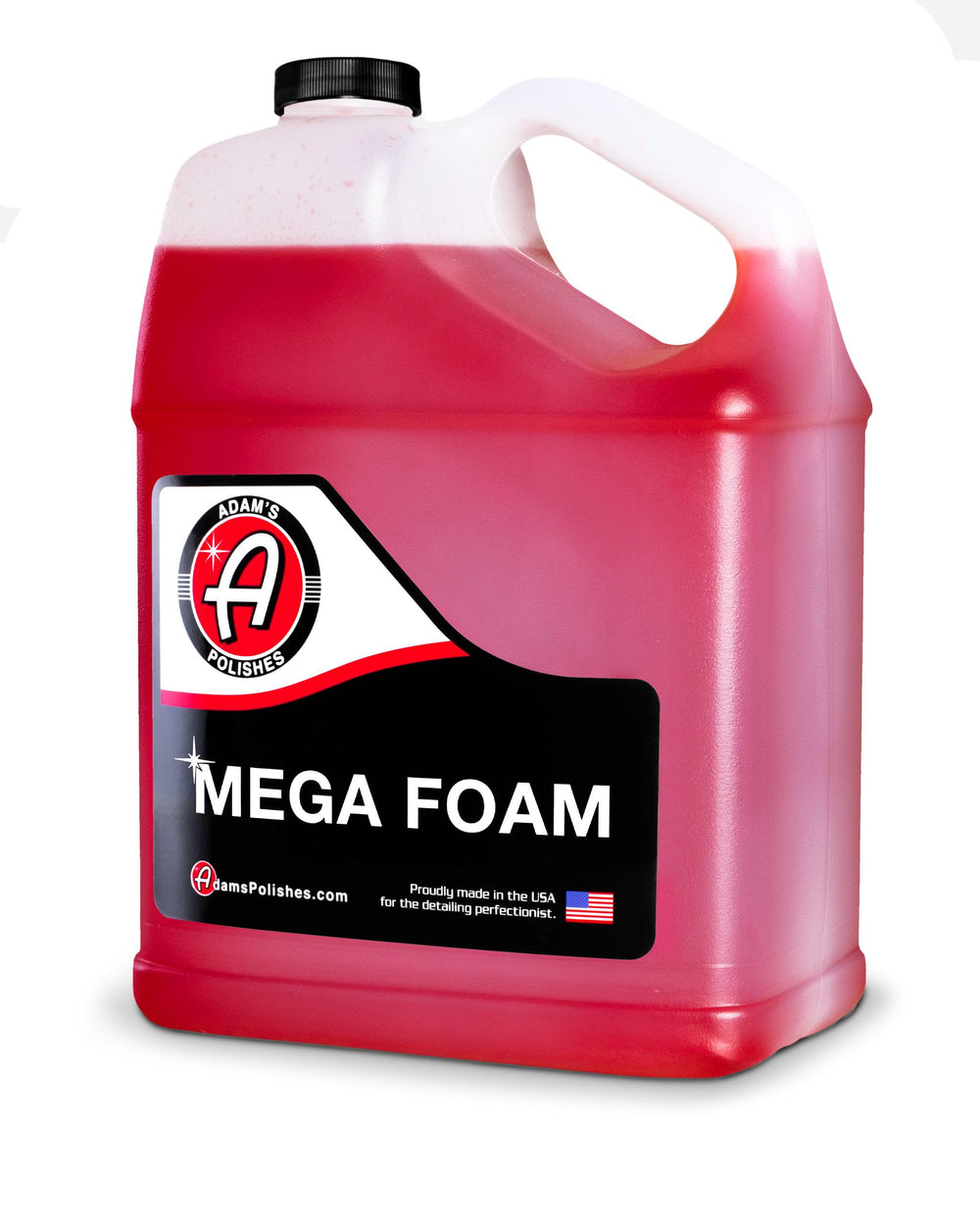 Adam's Mega Foam bottle close-up demonstrating thick, lubricating suds for safe washing.