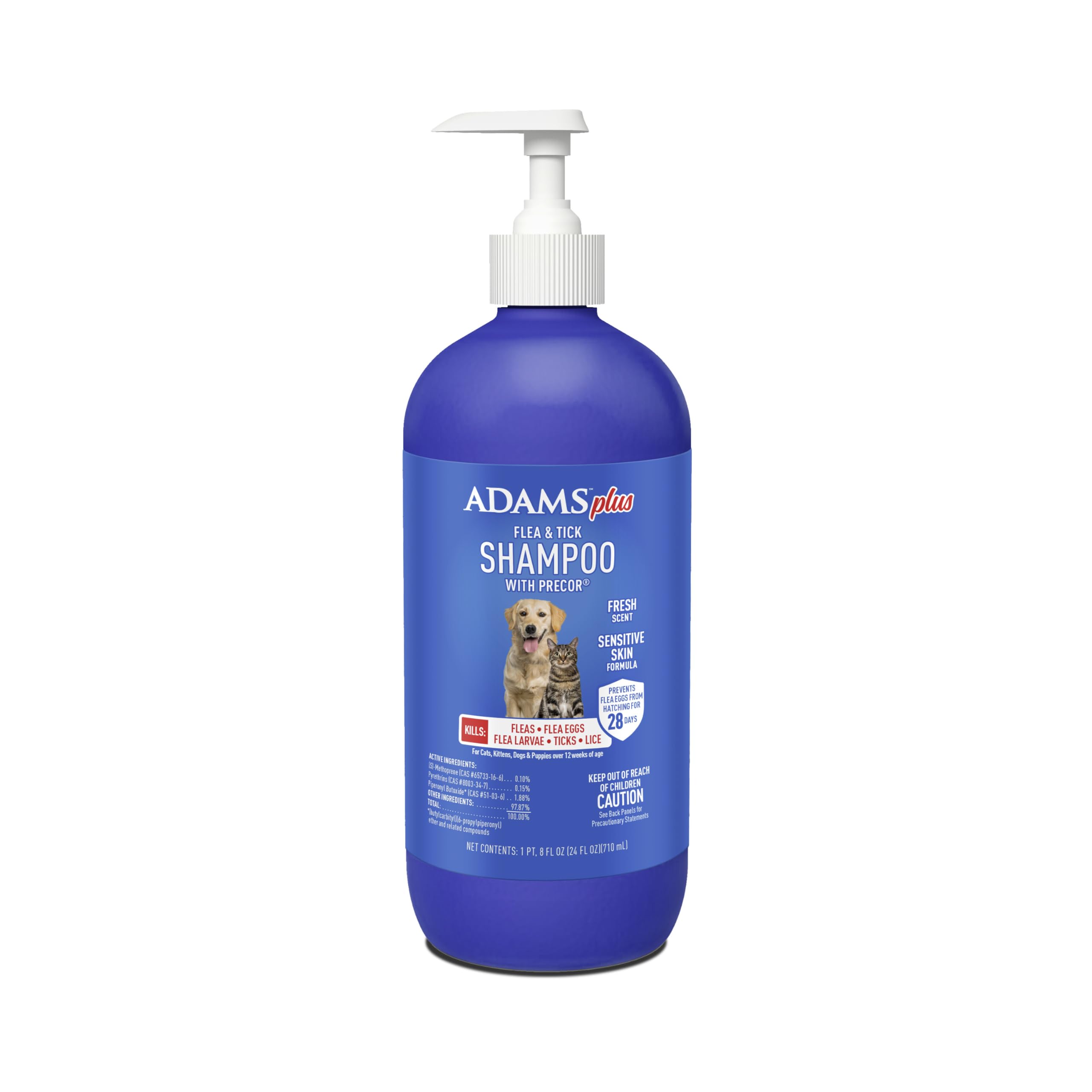 ADAMS Plus flea & tick shampoo bottle pour for a quick, effective bath.