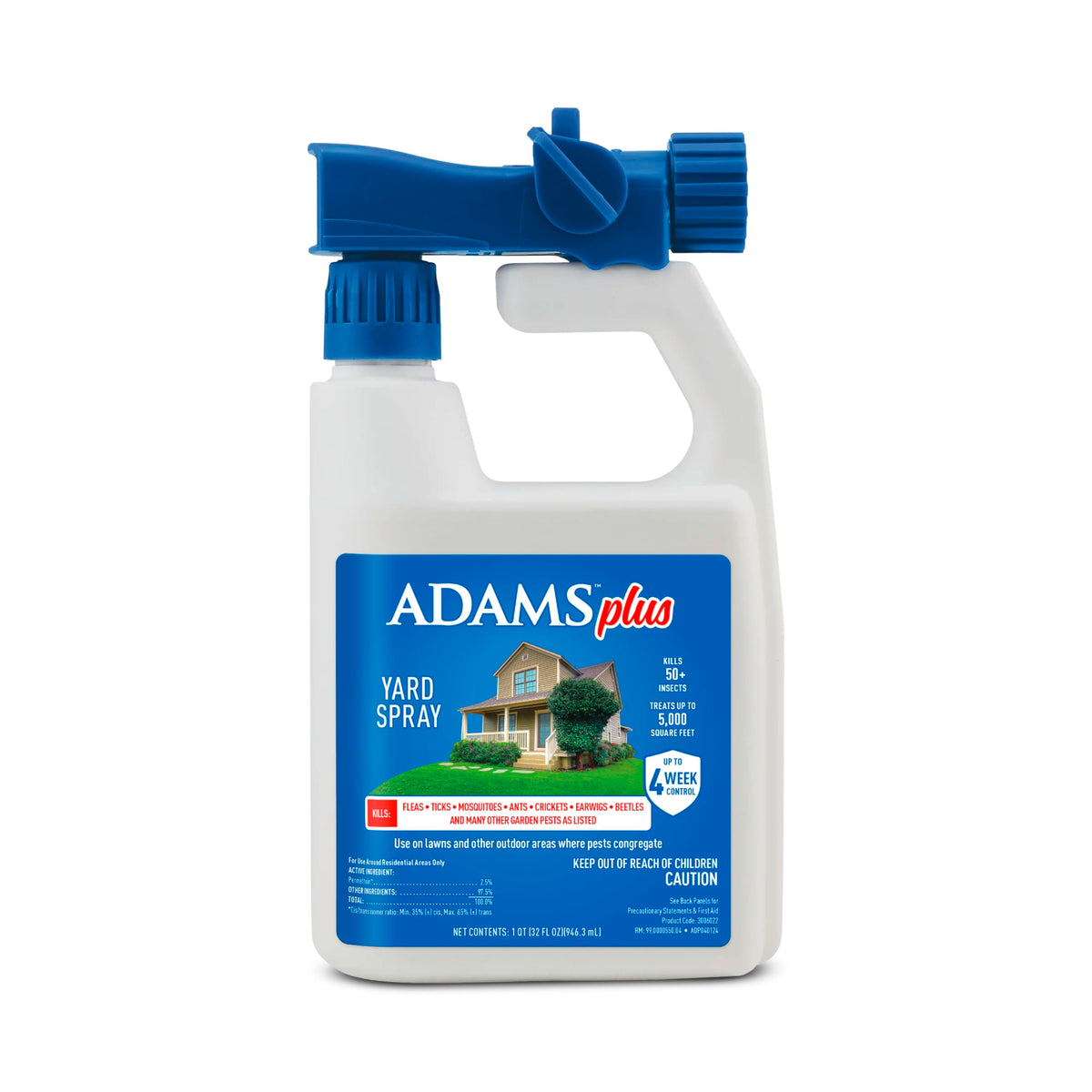 ADAMS Plus Yard Spray bottle attached to hose-end sprayer for easy outdoor pest control.