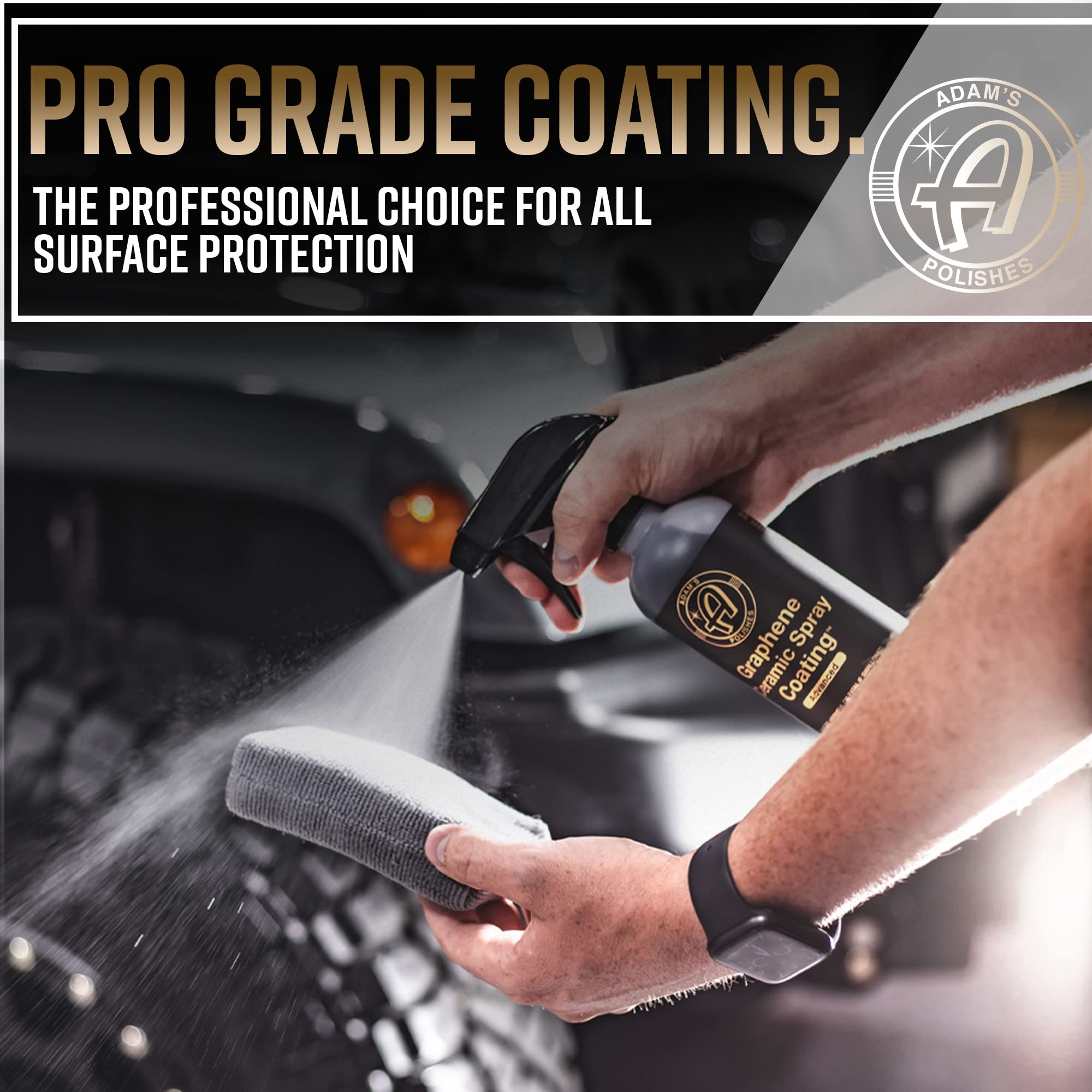 Adam's Polishes Graphene Spray Coating on wheels and glass highlights protective shine.