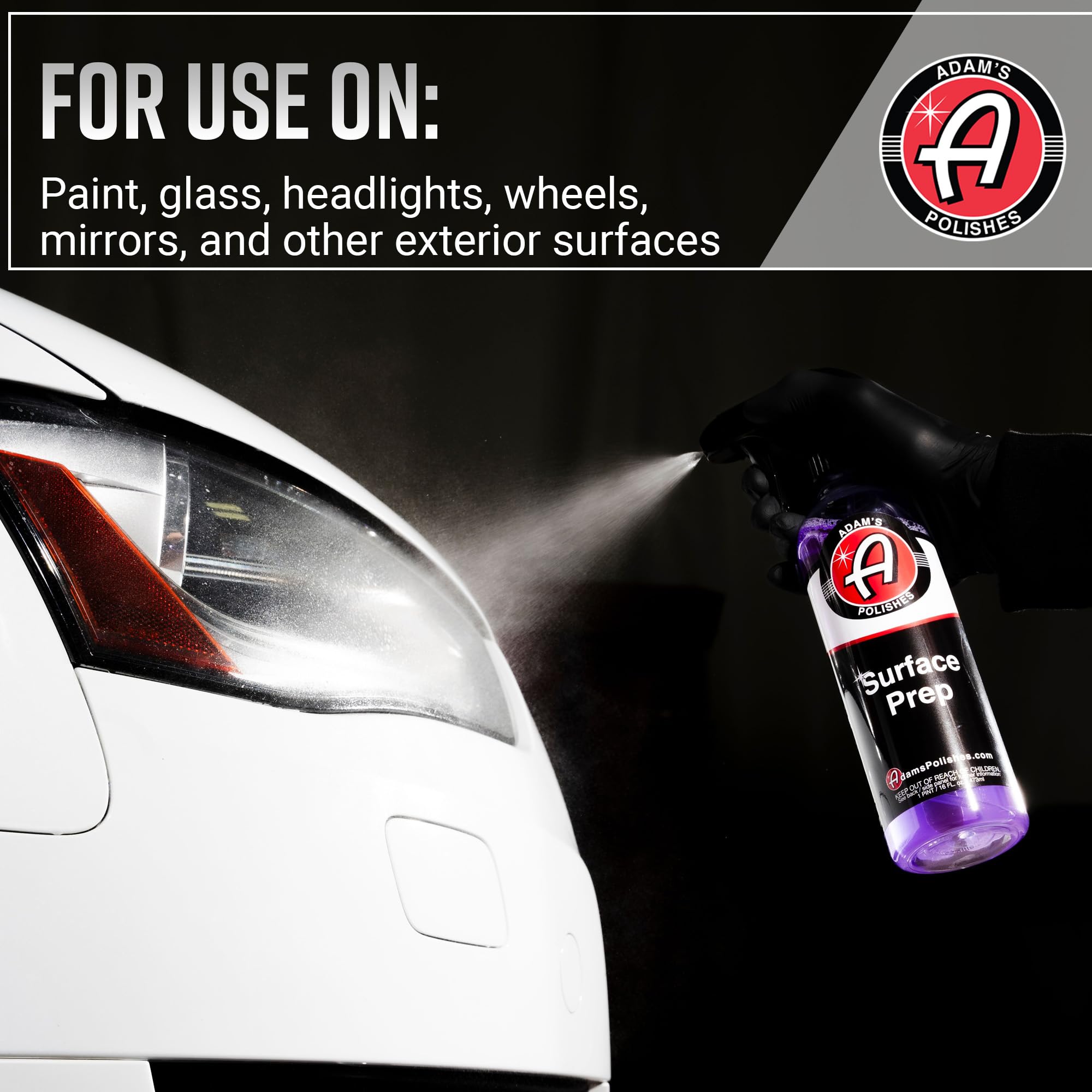Adam's Polishes Surface Prep mist on hood, quick-drying prep for coatings.