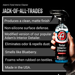 Adam's Polishes Total Interior Cleaner bottle side shows compact spray for quick touch-ups.