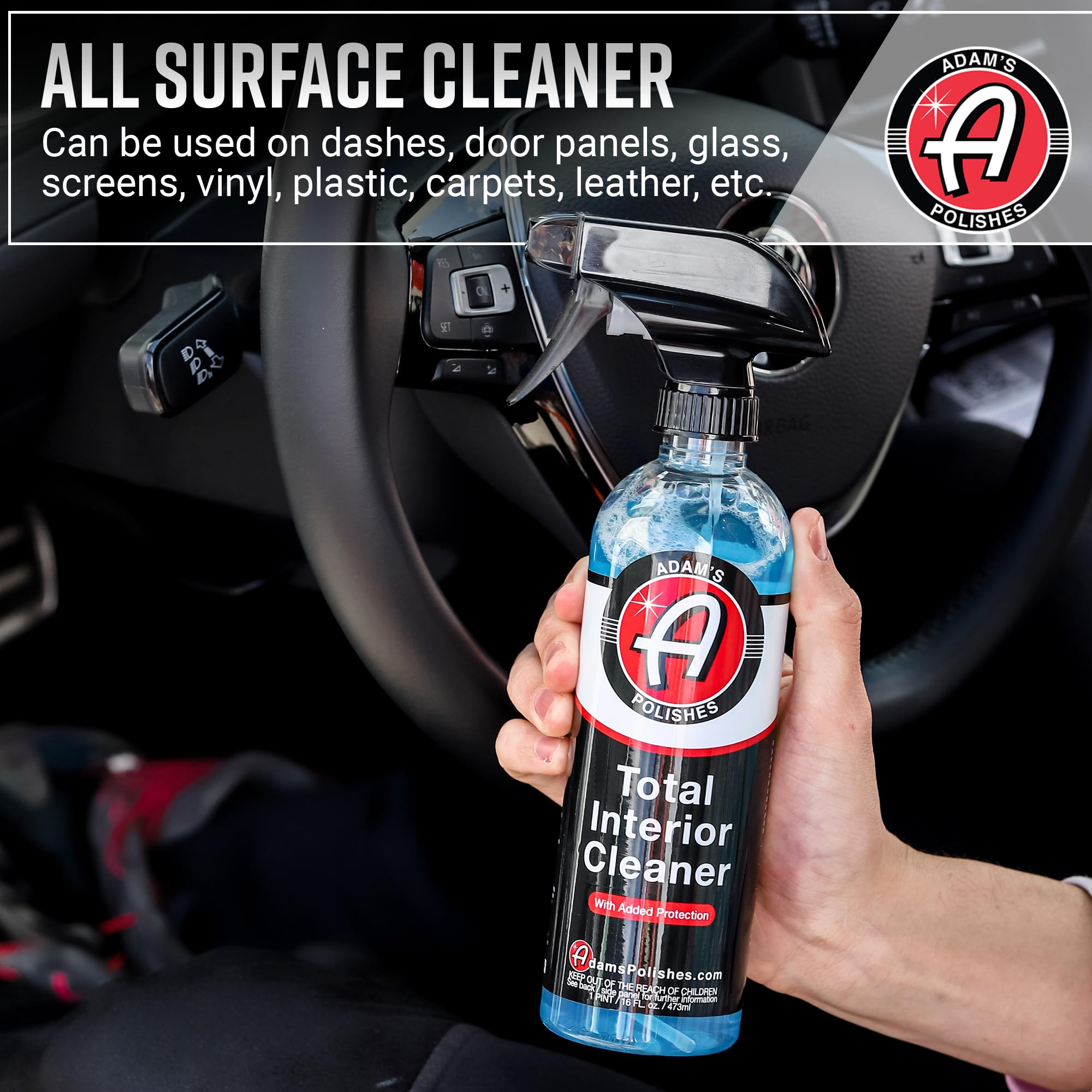 Adam's Polishes Total Interior Cleaner spray nozzle provides an easy mist for cleaning.