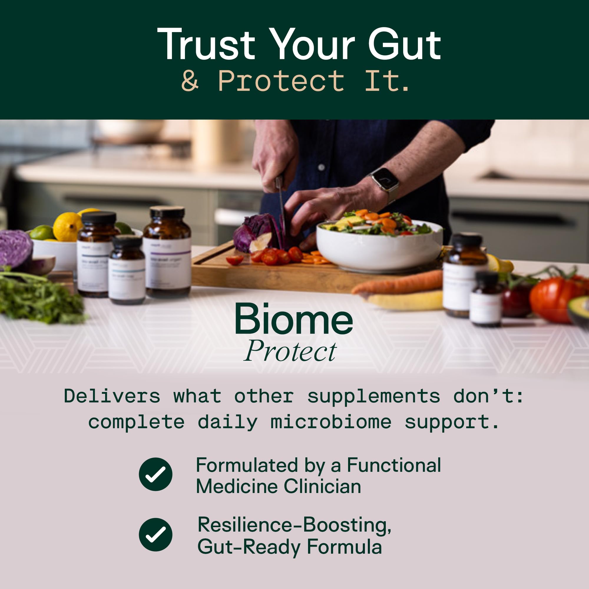Adapt Naturals Biome Protect bottle on kitchen counter as daily wellness ritual