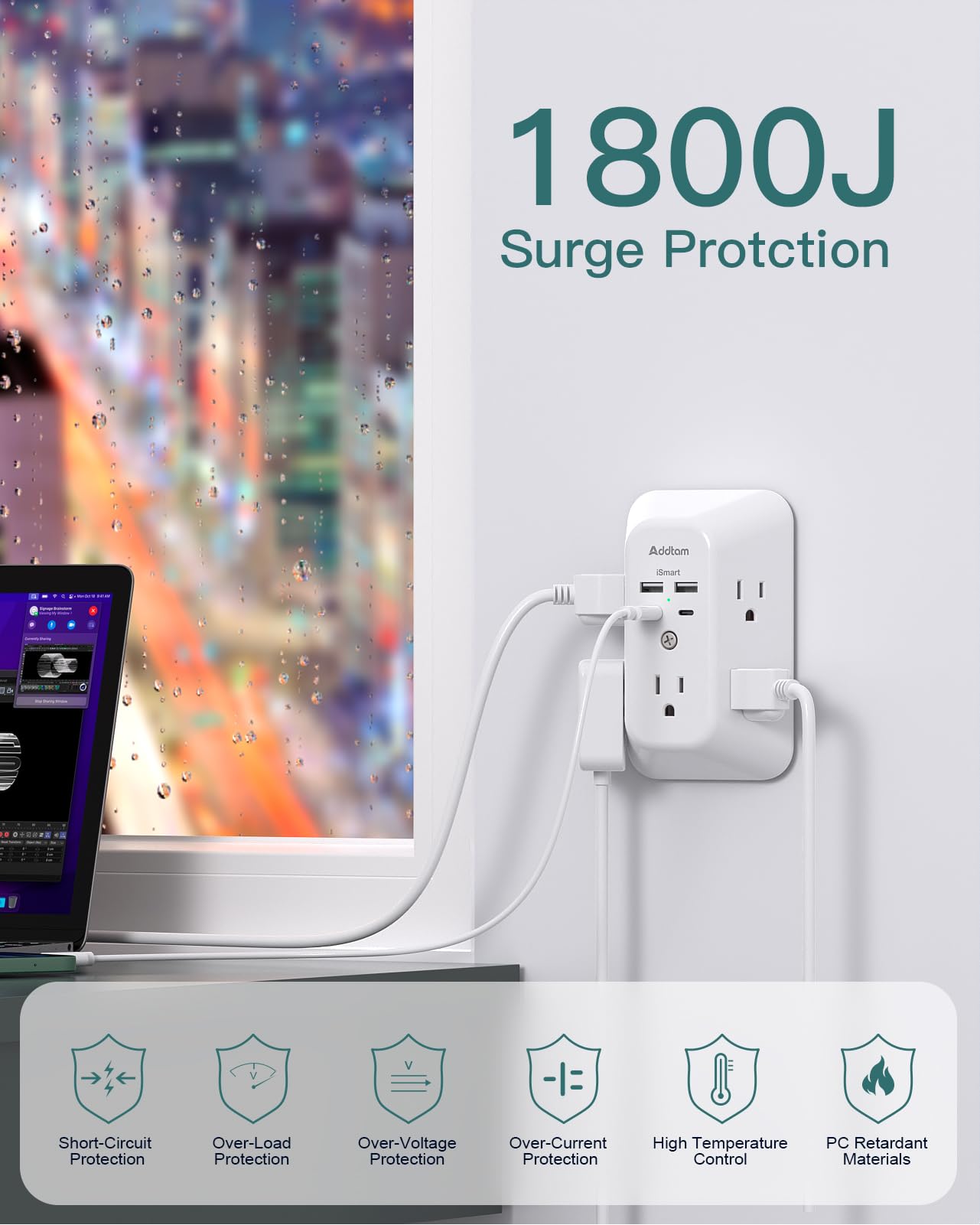 Addtam 1800 Joules surge protection with quick indicator keeps electronics safe.