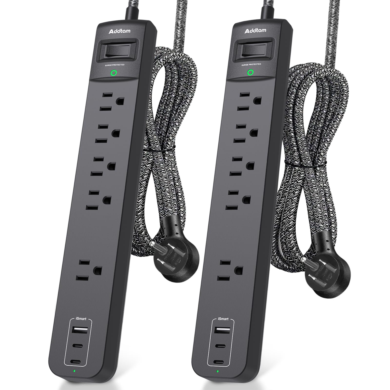 Addtam 2-pack power strip front view, ideal for organized desk setups.