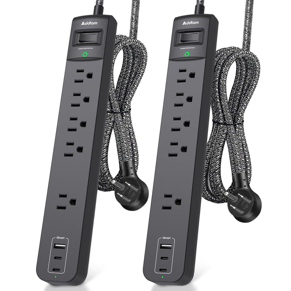 Addtam 2-pack power strip front view, ideal for organized desk setups.