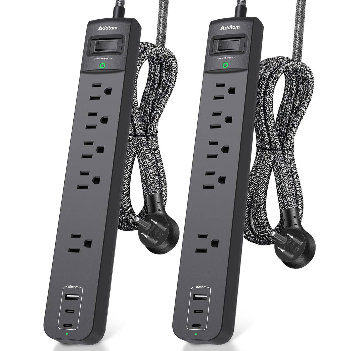 Addtam 2-pack power strip front view, ideal for organized desk setups.