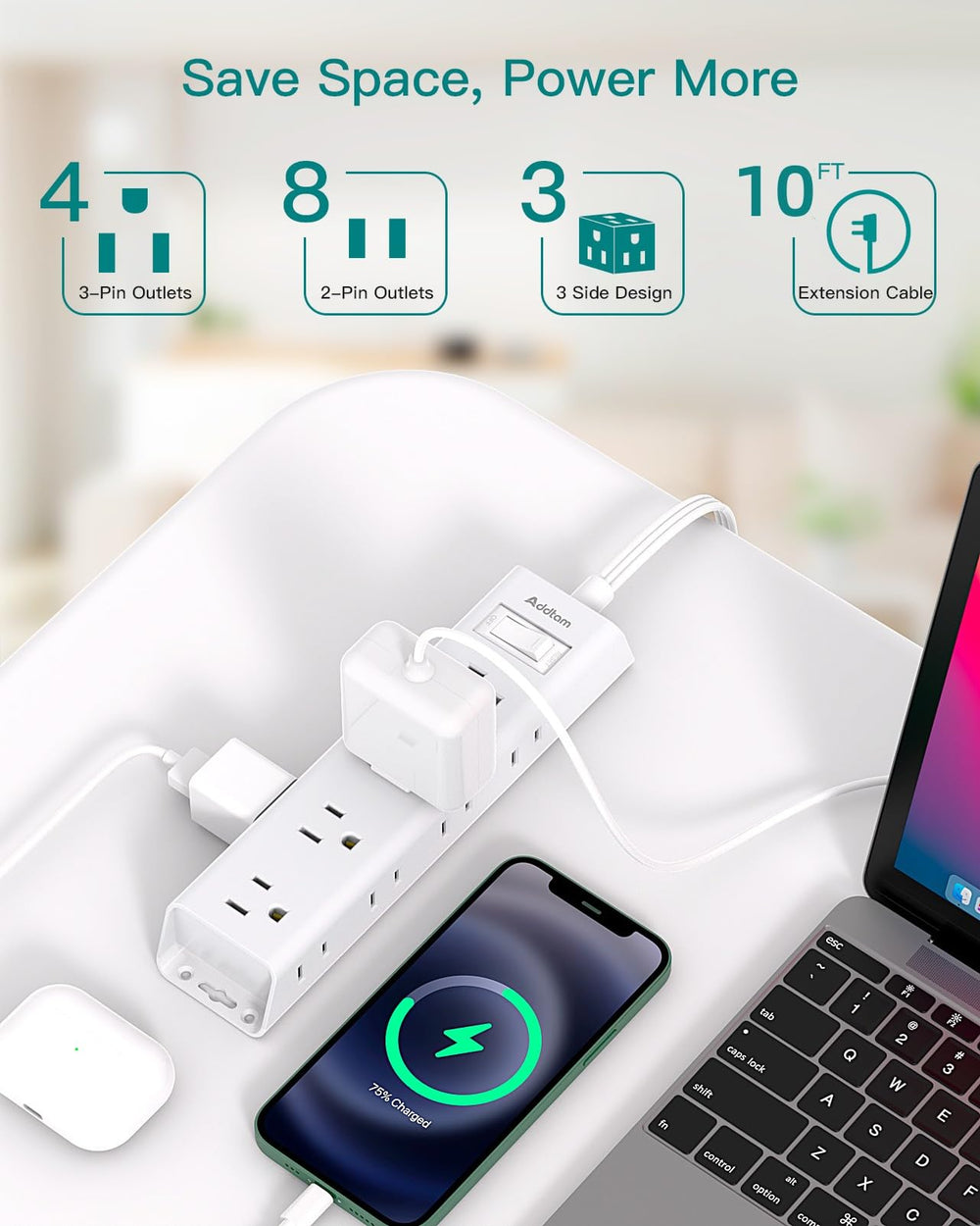 Addtam 3-sided outlet design allowing space for large adapters