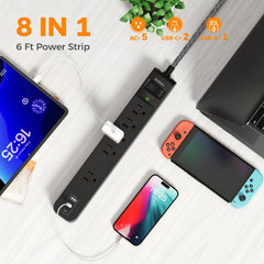 Addtam power strip showing five widely spaced outlets to accommodate large adapters.