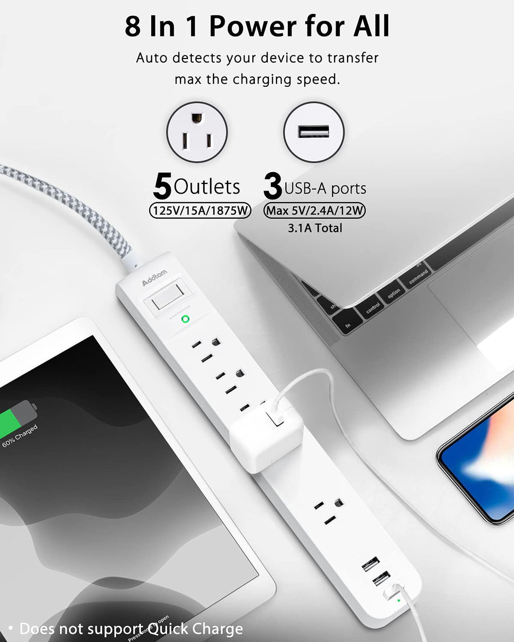 Addtam 5 ft braided extension cord for durability