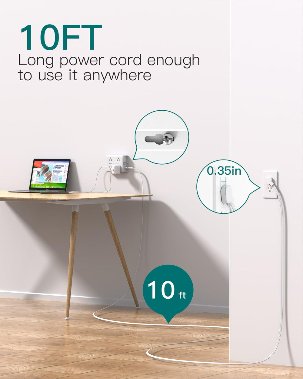 Addtam 8-outlet 2 USB-C power strip supports secure desk setup with mounting screws.