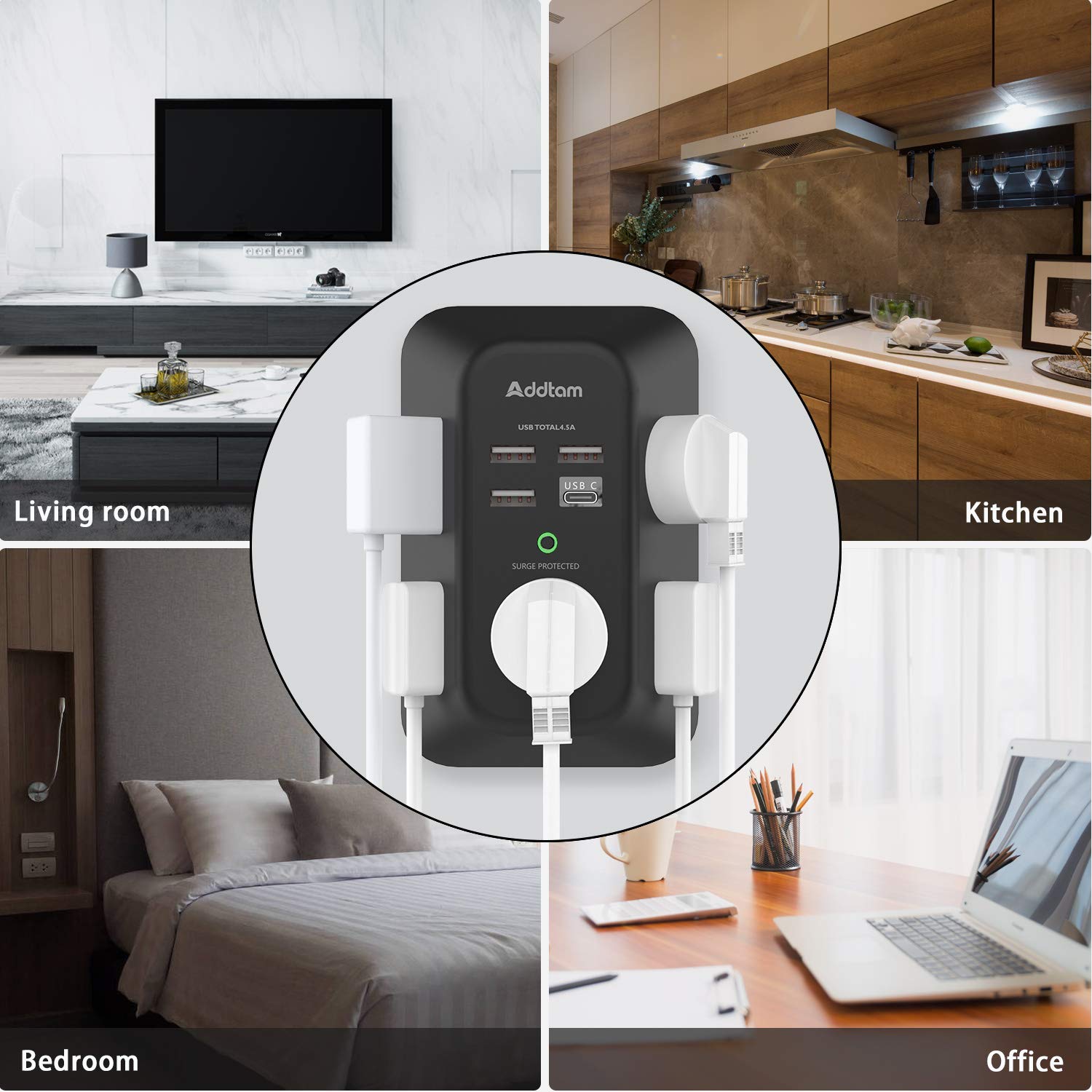 Addtam cable‑management layout reduces clutter on a busy workstation.