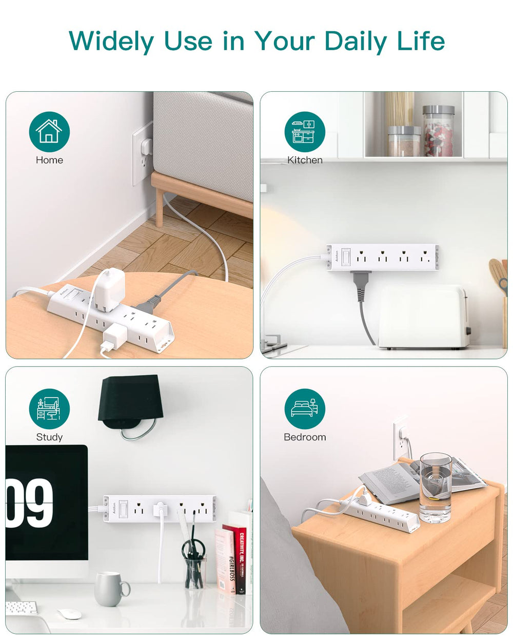 Addtam compact extension cord enhances desk space and cable management