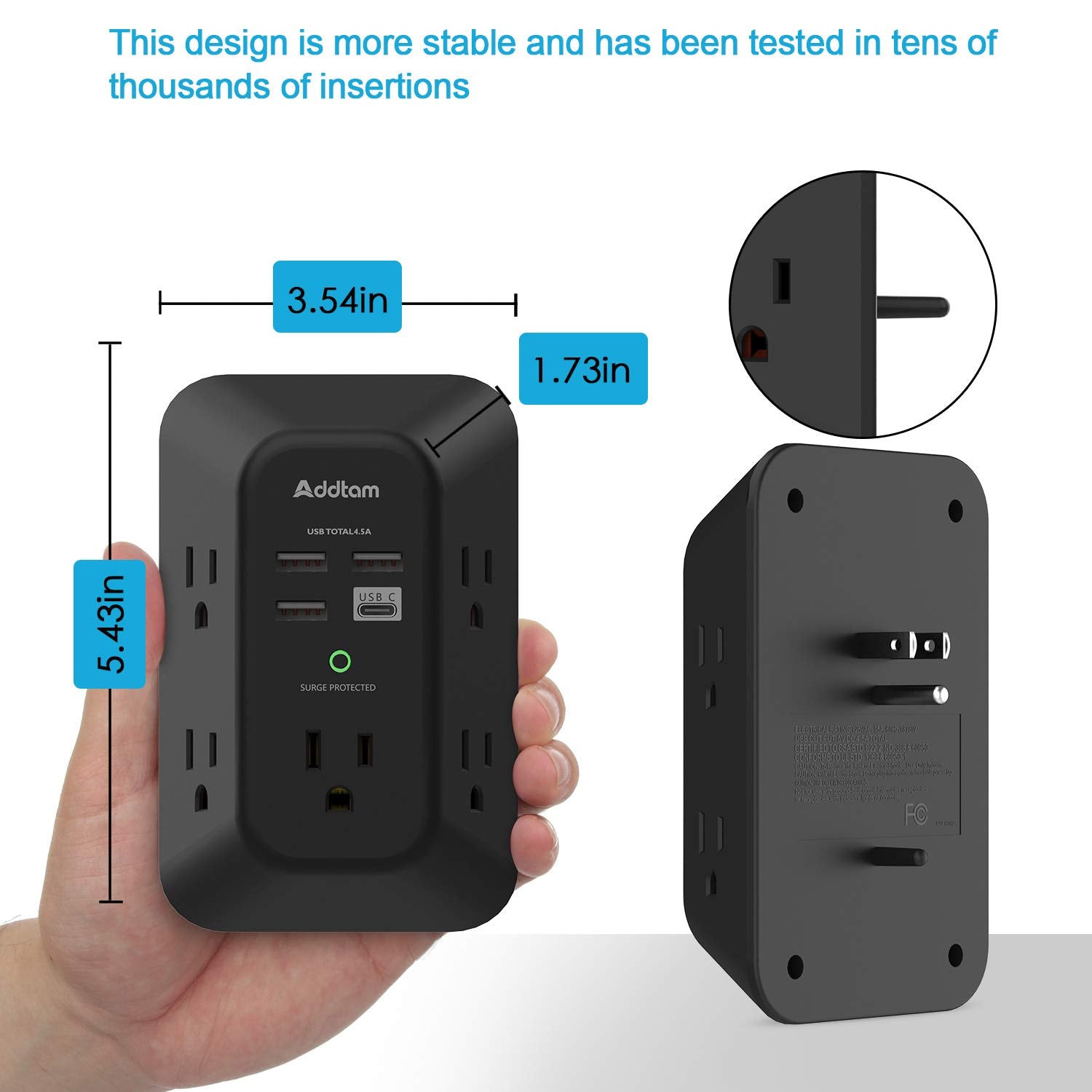 Addtam compact design suitable for desks and countertops with organized outlets.