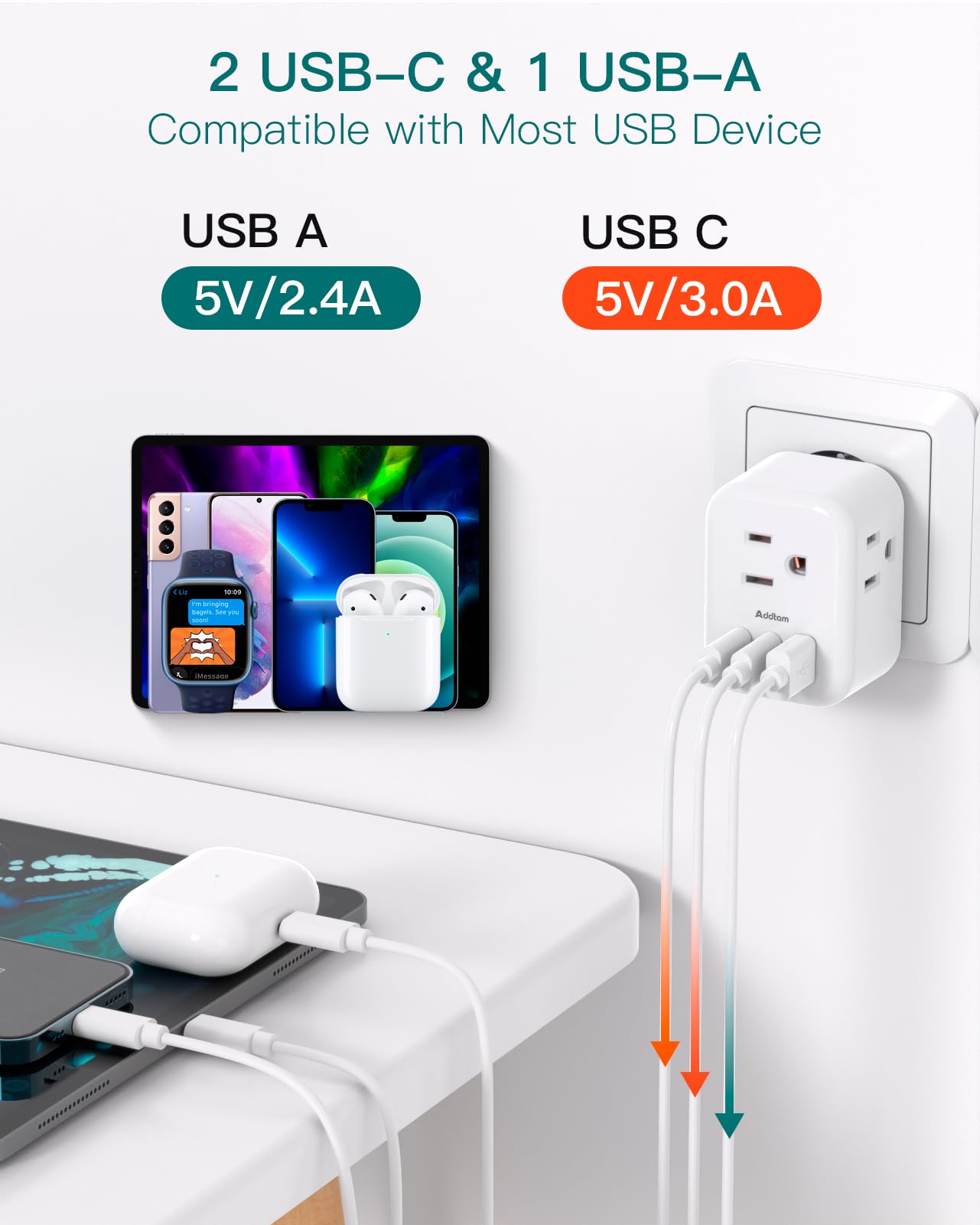 Addtam compact European travel plug ideal for hotels and dorm rooms.