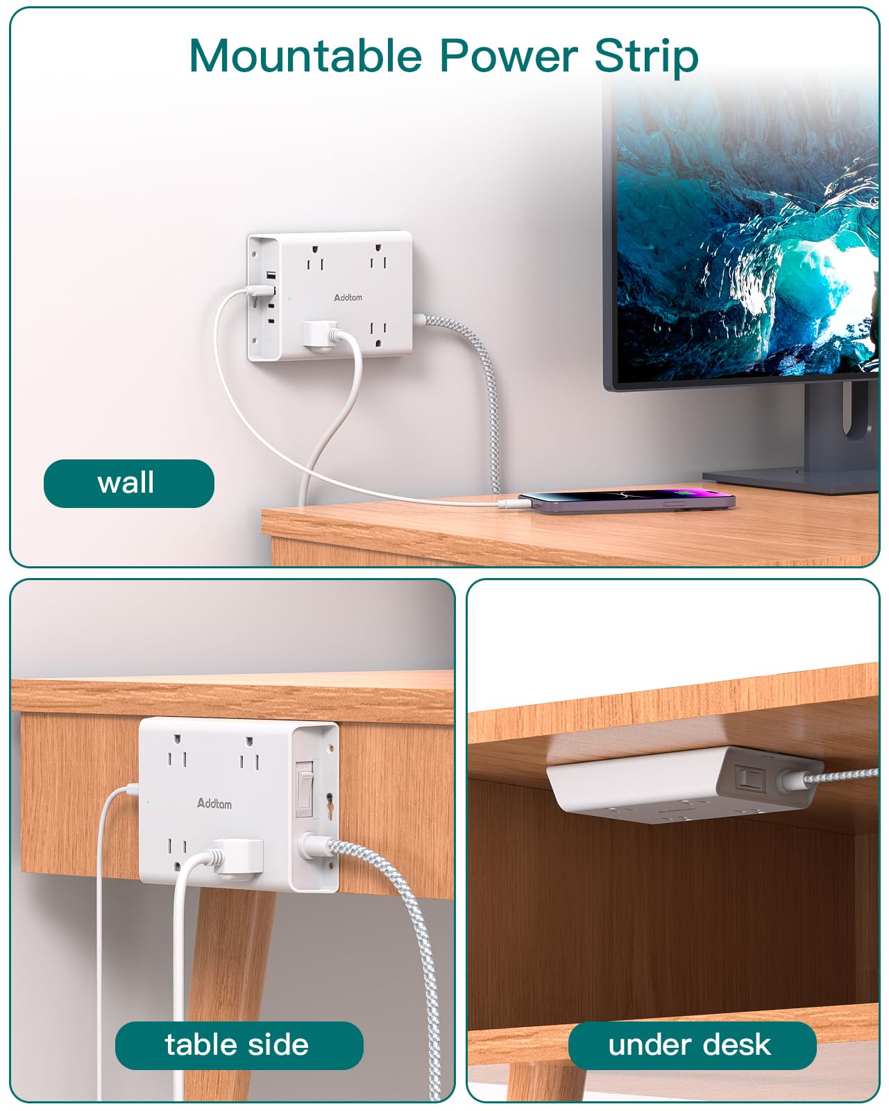 Addtam 10 ft cord ideal for home office setups and dorm rooms.