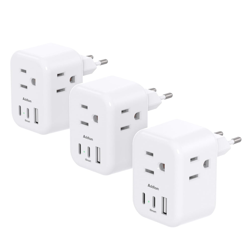 Addtam Europe travel plug adapter with three outlets and two USB-C ports for on-the-go charging.