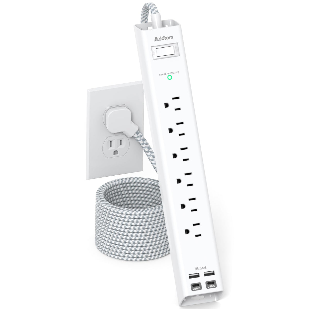Addtam extension cord 10 ft flat-plug close-up showing space-saving design.