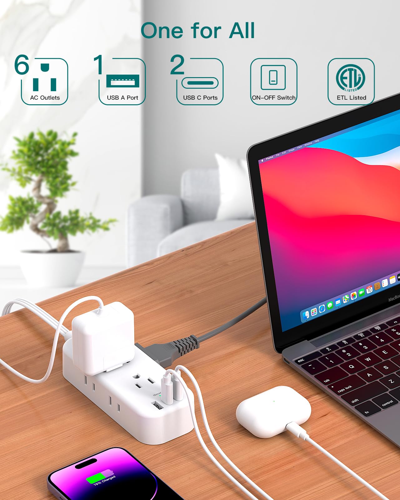 Addtam extension cord with 3 USB ports including USB-C for multi-device charging
