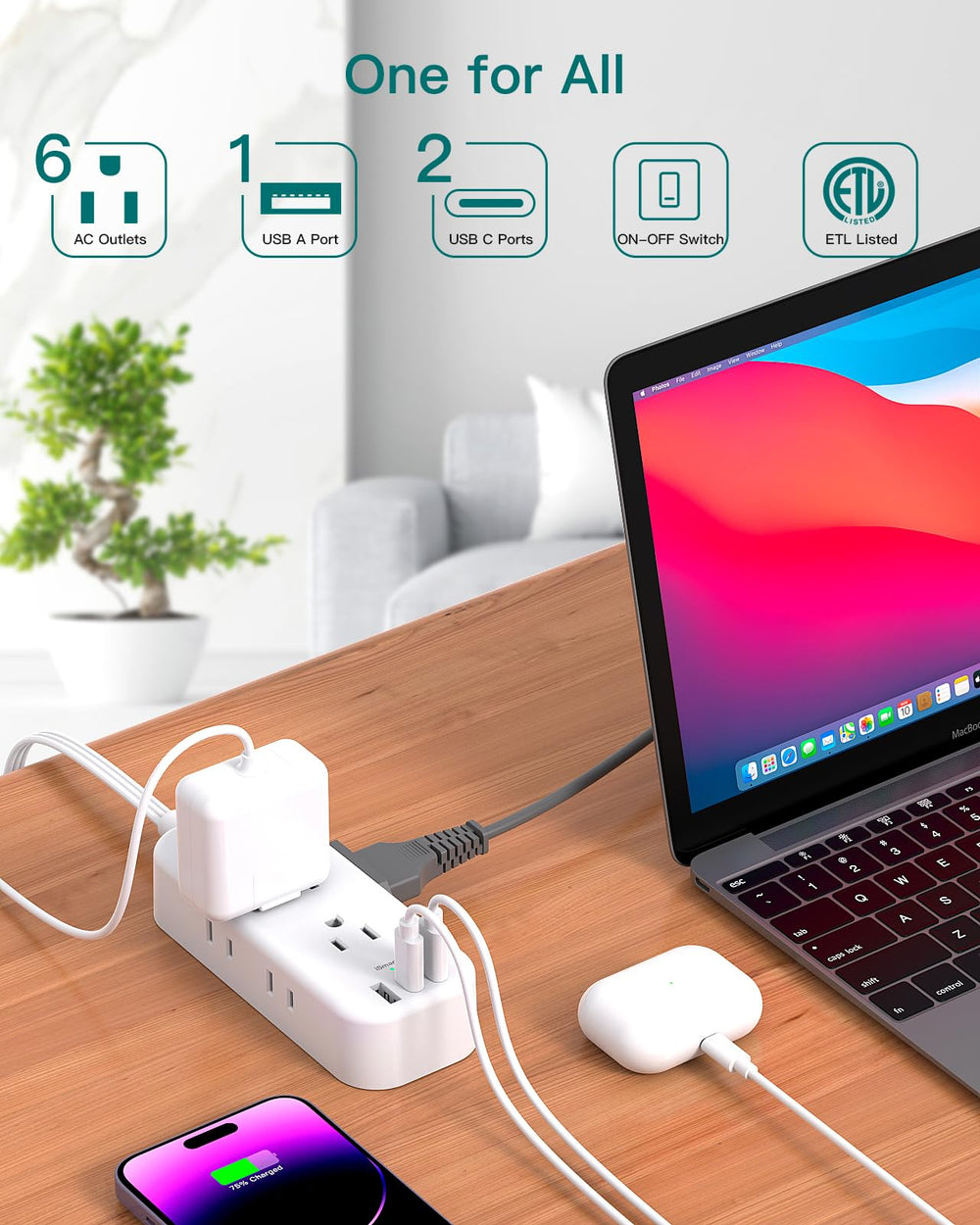 Addtam extension cord with 3 USB ports including USB-C for multi-device charging